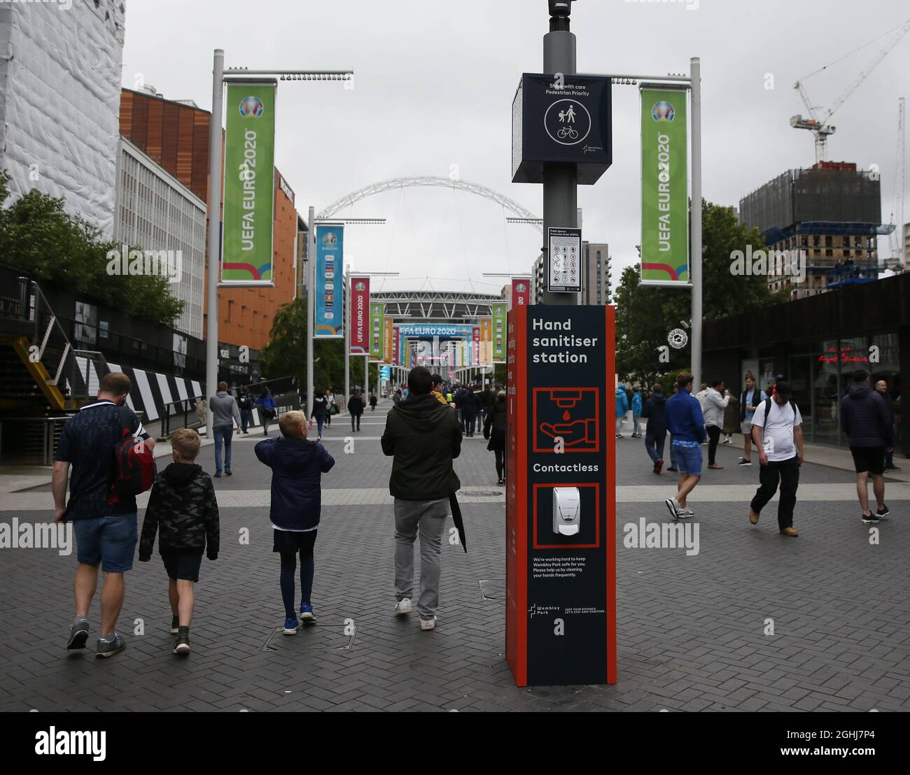 London, England, 18th June 2021.  Hand sanitiser station on the way up to the stadium before the UEFA European Championships match at Wembley Stadium, London. Picture credit should read: David Klein / Sportimage via PA Images Stock Photo