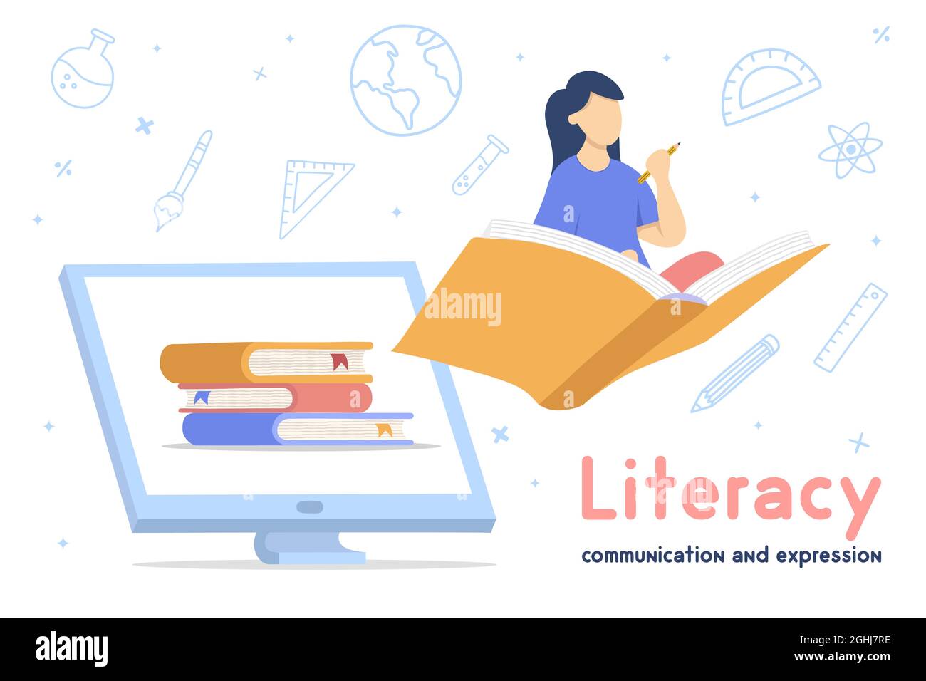 Modern Literacy greeting card illustration of young woman flying in open  book from computer screen. Communication and expression text quote design,  on Stock Vector Image & Art - Alamy