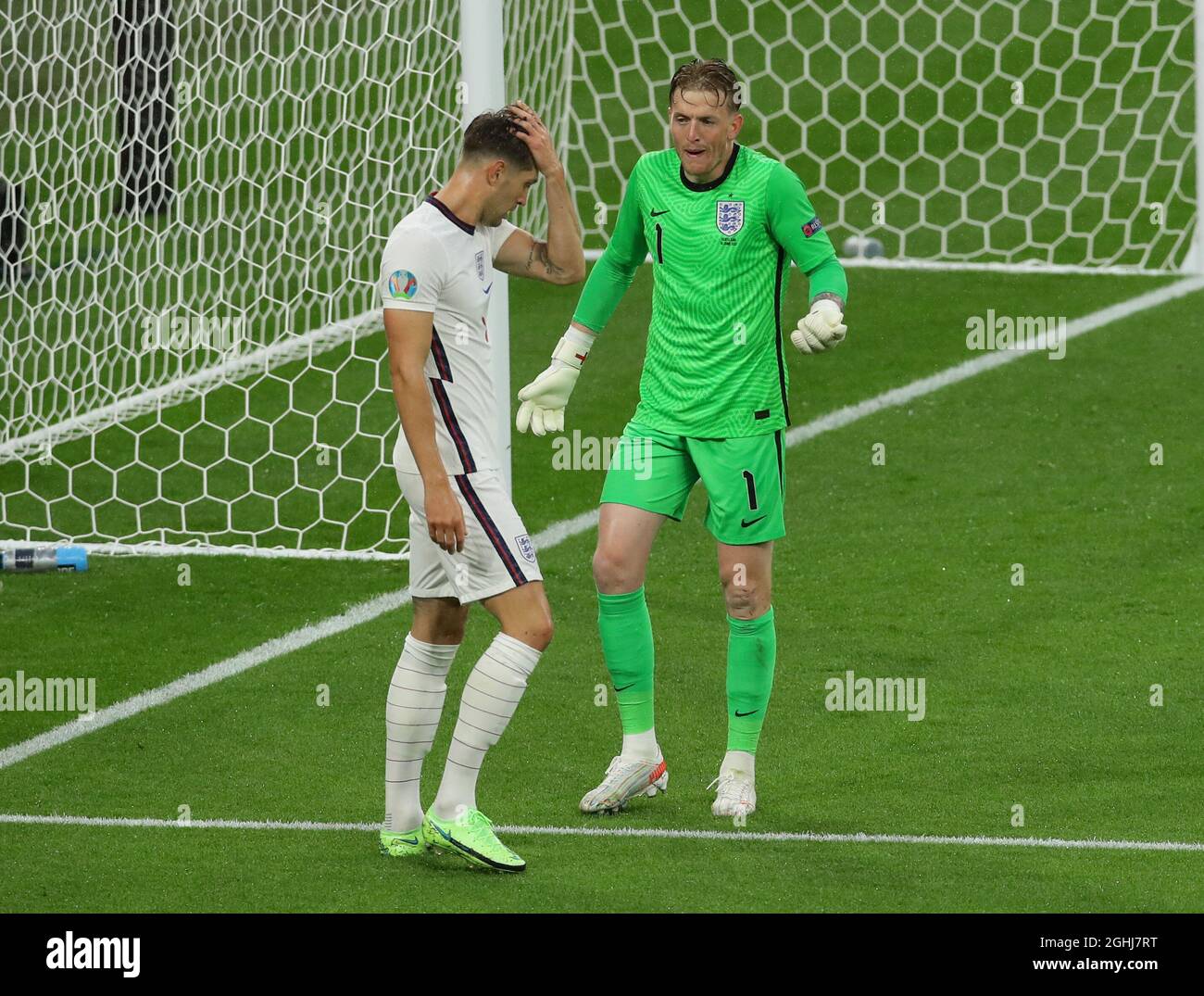 London, England, 18th June 2021. Jordan Pickford of England exchanges words with John Stones of England  during the UEFA European Championships match at Wembley Stadium, London. Picture credit should read: David Klein / Sportimage via PA Images Stock Photo