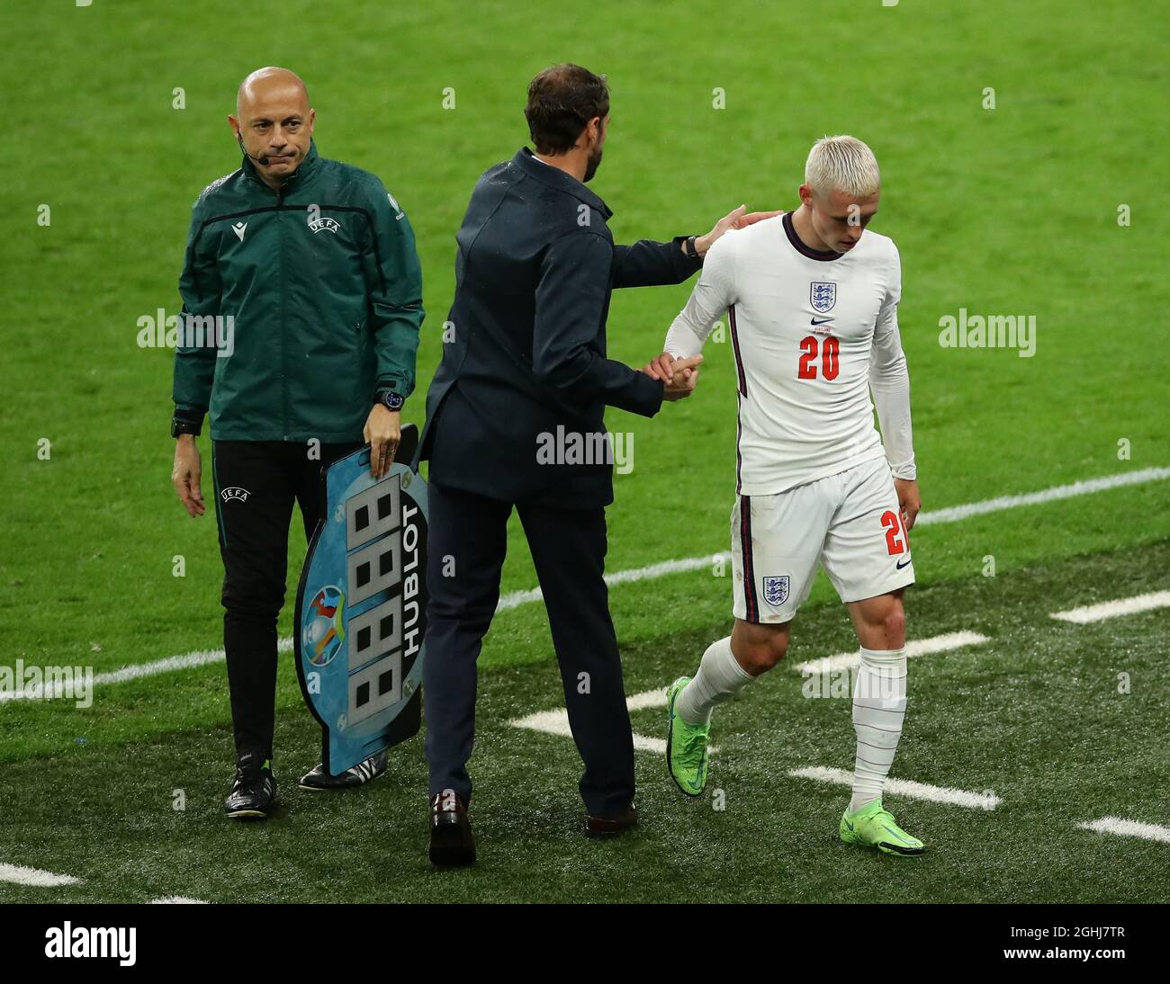 London, England, 18th June 2021. Gareth Southgate manager of England consoles Phil Foden of England as he substitutes him  during the UEFA European Championships match at Wembley Stadium, London. Picture credit should read: David Klein / Sportimage via PA Images Stock Photo