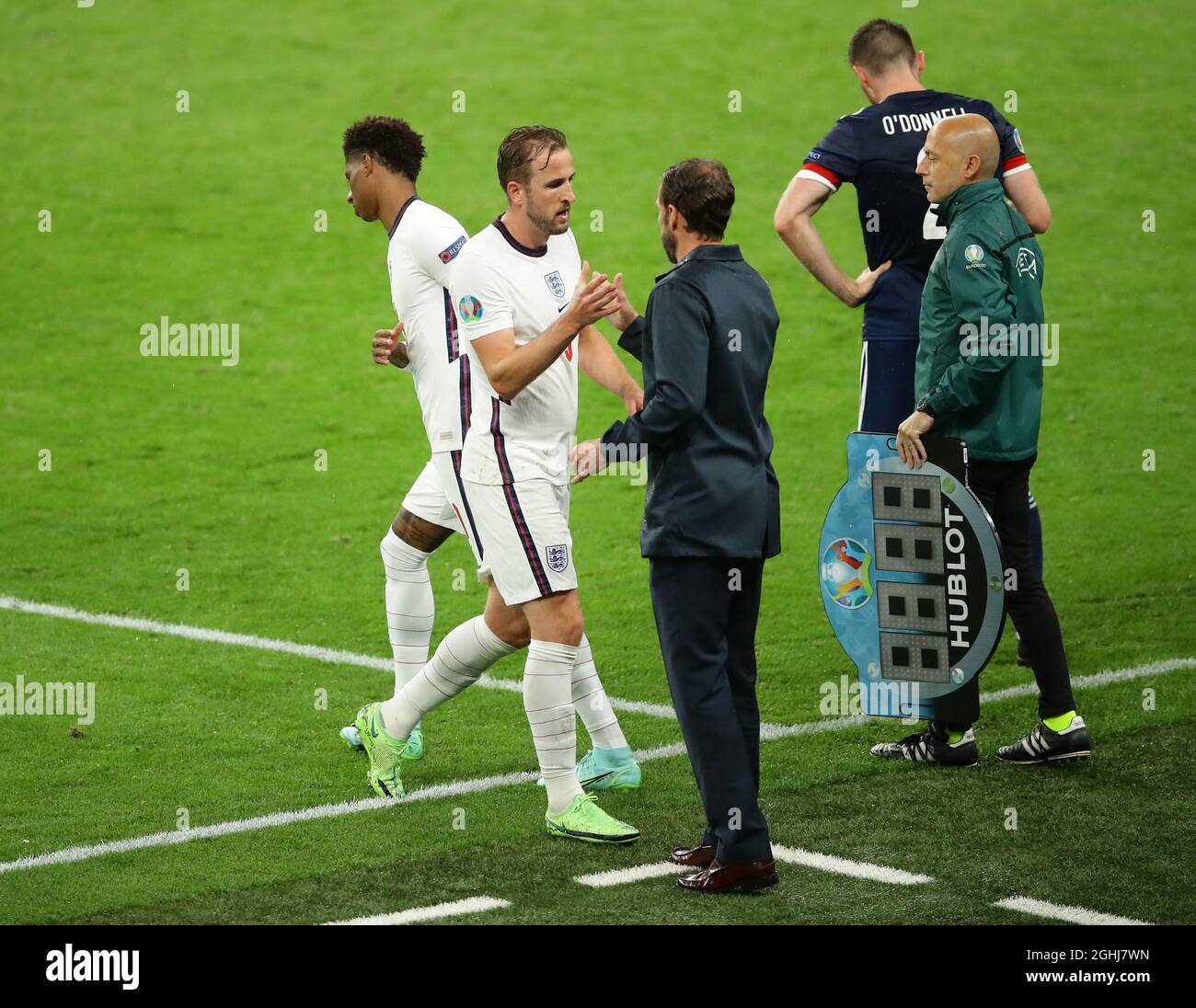 London, England, 18th June 2021.  Gareth Southgate manager of England brings on Marcus Rashford of England for Harry Kane during the UEFA European Championships match at Wembley Stadium, London. Picture credit should read: David Klein / Sportimage via PA Images Stock Photo