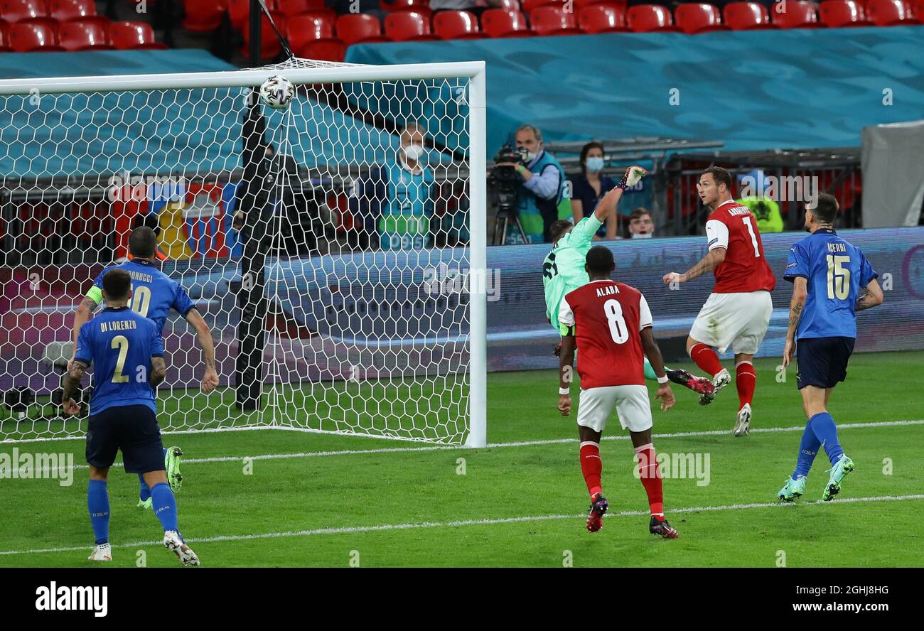 London, England, 26th June 2021. Marko Arnautovic of Austria heads into the net from an offside position so is ruled out during the UEFA European Championships match at Wembley Stadium, London. Picture credit should read: David Klein / Sportimage via PA Images Stock Photo