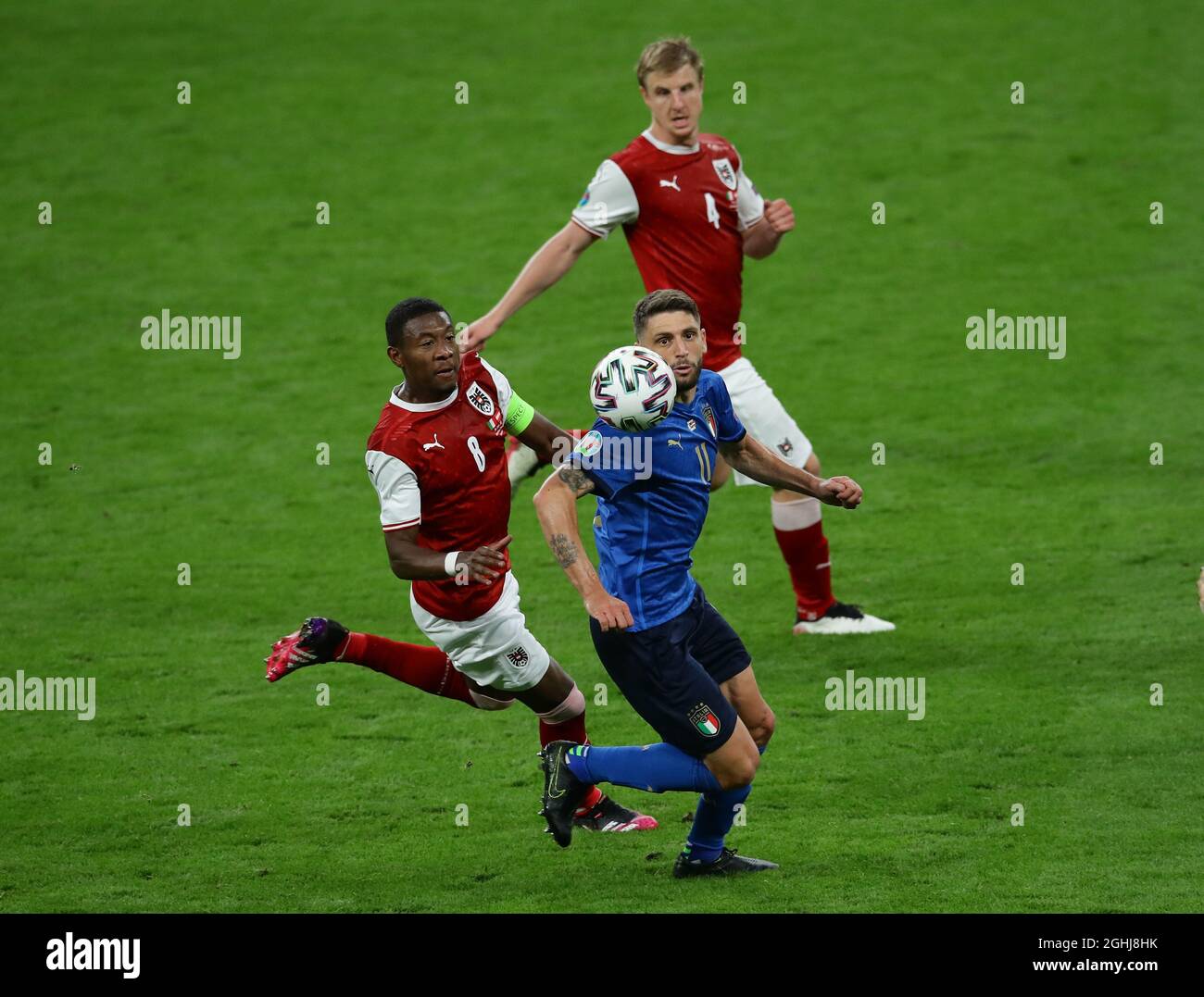 London, England, 26th June 2021. Domenico Berardi of Italy tackled by David Alaba of Austria during the UEFA European Championships match at Wembley Stadium, London. Picture credit should read: David Klein / Sportimage via PA Images Stock Photo