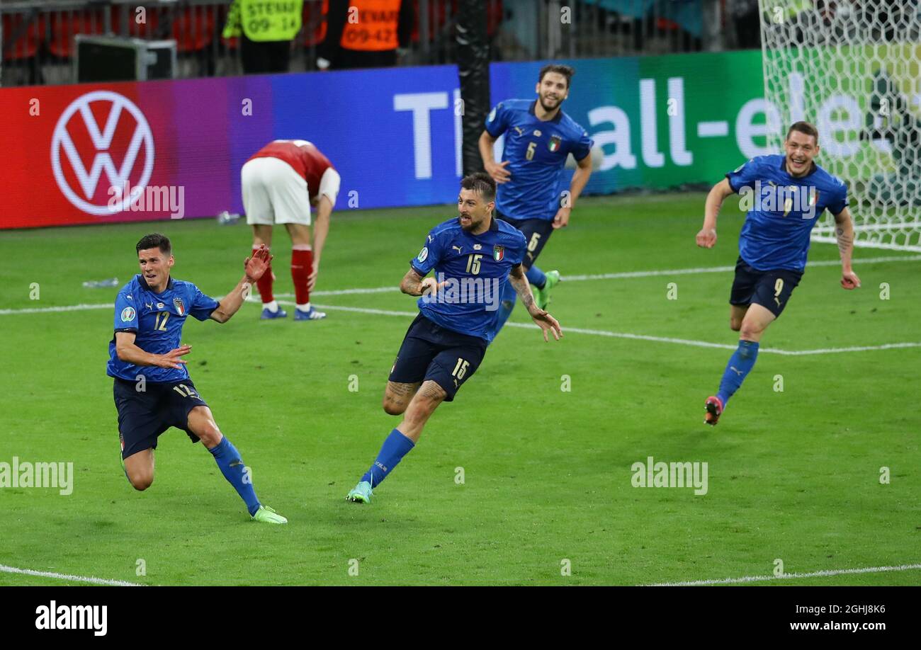 London, England, 26th June 2021. Matteo Pessina of Italy (L) celebrates scoring their second goal  during the UEFA European Championships match at Wembley Stadium, London. Picture credit should read: David Klein / Sportimage via PA Images Stock Photo