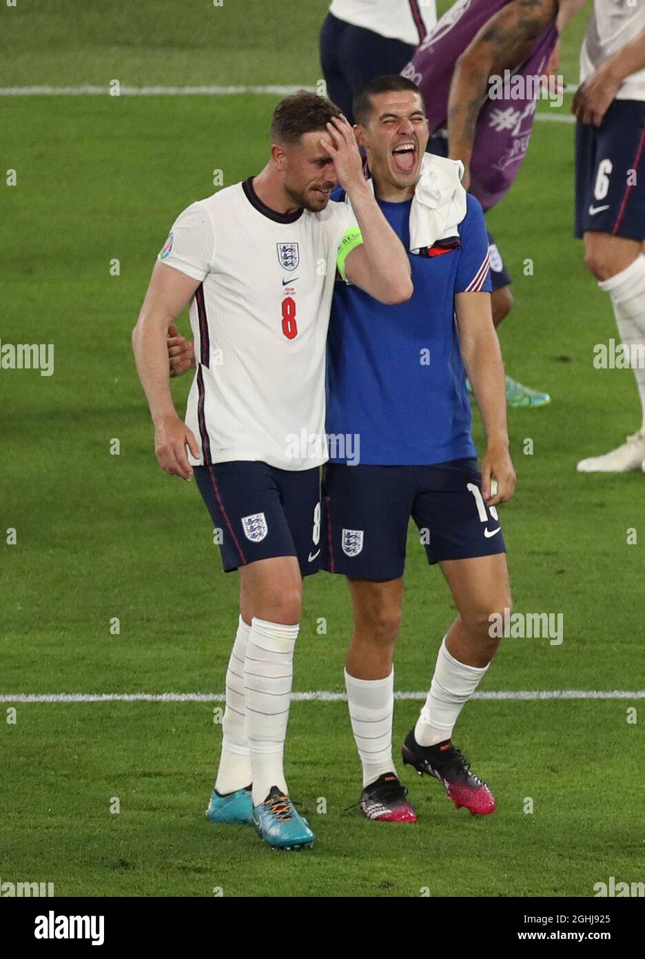 Rome, Italy, 3rd July 2021. Conor Coady of England (R) celebrates with goal scorer Jordan Henderson of England  during the UEFA Euro 2020 Quarter Final match at the Stadio Olimpico, Rome. Picture credit should read: Jonathan Moscrop / Sportimage Stock Photo