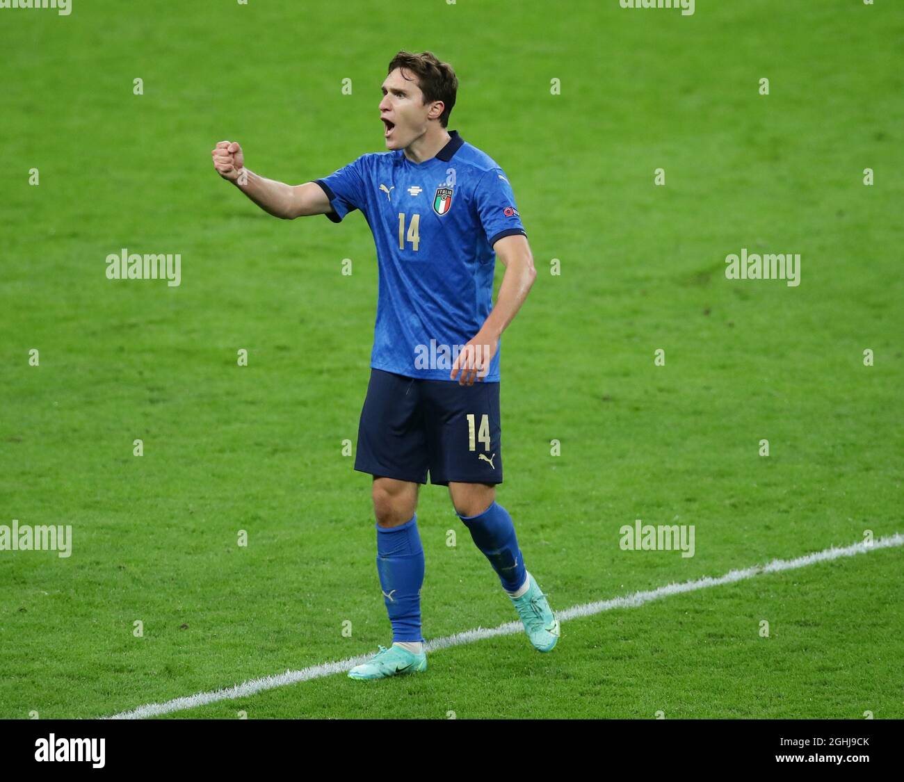 London, England, 6th July 2021. Federico Chiesa of Italy celebrates scoring the first goal during the UEFA Euro 2020 match at Wembley Stadium, London. Picture credit should read: David Klein / Sportimage via PA Images Stock Photo