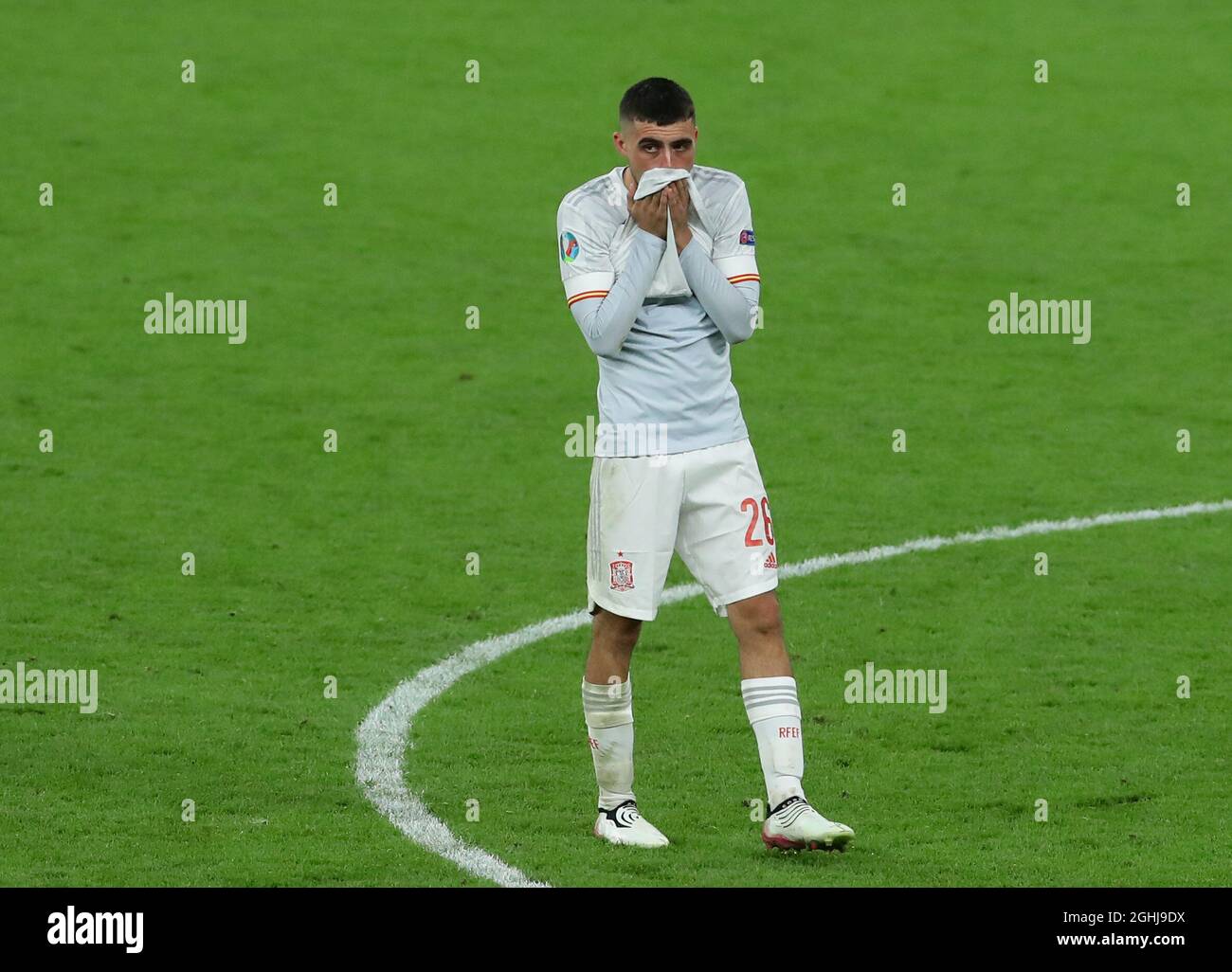 London, England, 6th July 2021. Pedri of Spain distraught after loosing the penalty shoot out during the UEFA Euro 2020 match at Wembley Stadium, London. Picture credit should read: David Klein / Sportimage via PA Images Stock Photo