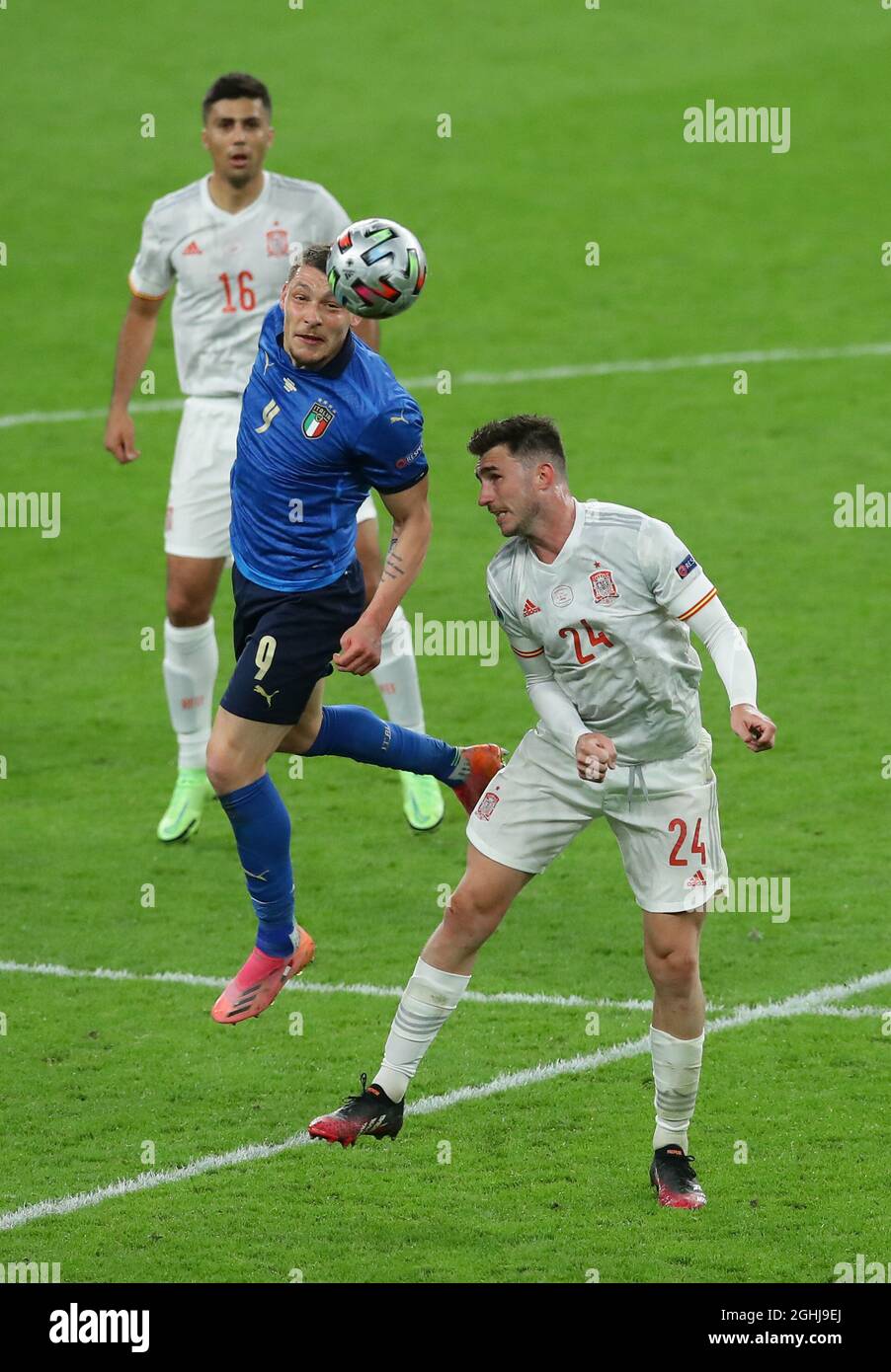 London, England, 6th July 2021. Aymeric Laporte of Spain challenged by Andrea Belotti of Italy during the UEFA Euro 2020 match at Wembley Stadium, London. Picture credit should read: David Klein / Sportimage via PA Images Stock Photo