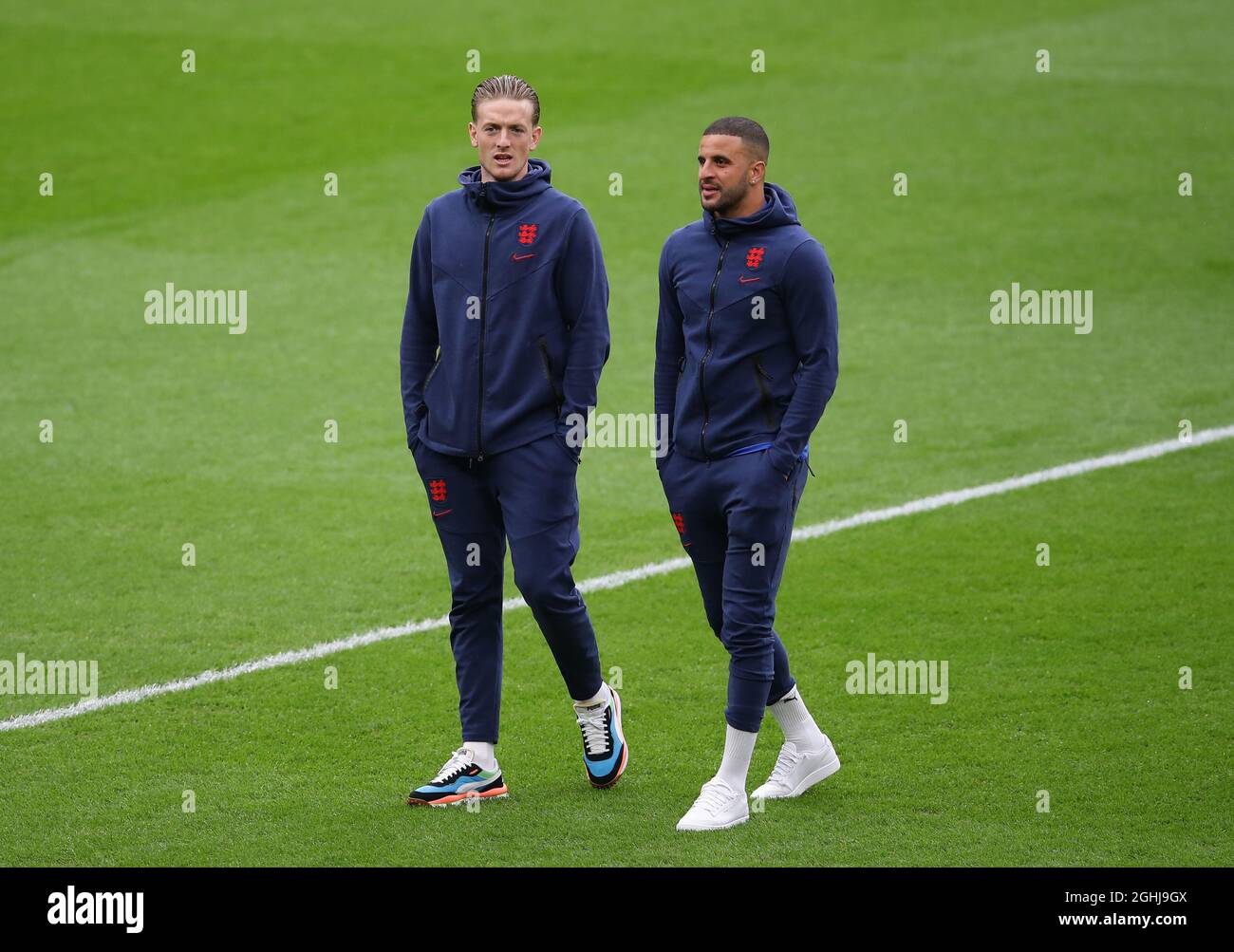 London, England, 11th July 2021. Jordan Pickford of England and Kyle Walker of England before the UEFA European Championships final at Wembley Stadium, London. Picture credit should read: David Klein / Sportimage via PA Images Stock Photo