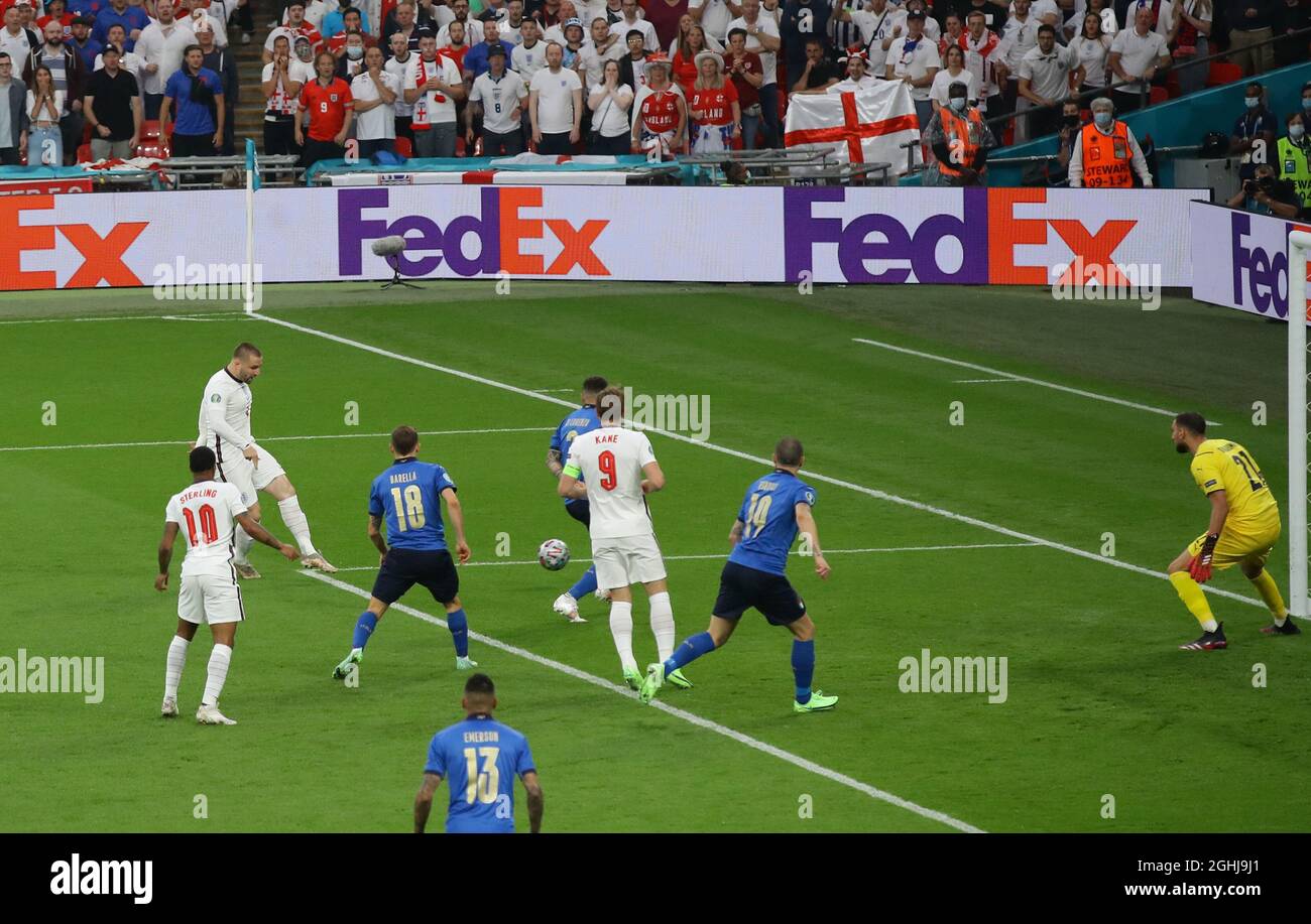 London, England, 11th July 2021. Luke Shaw of England scores the first goal during the UEFA Euro 2020 final at Wembley Stadium, London. Picture credit should read: David Klein / Sportimage via PA Images Stock Photo