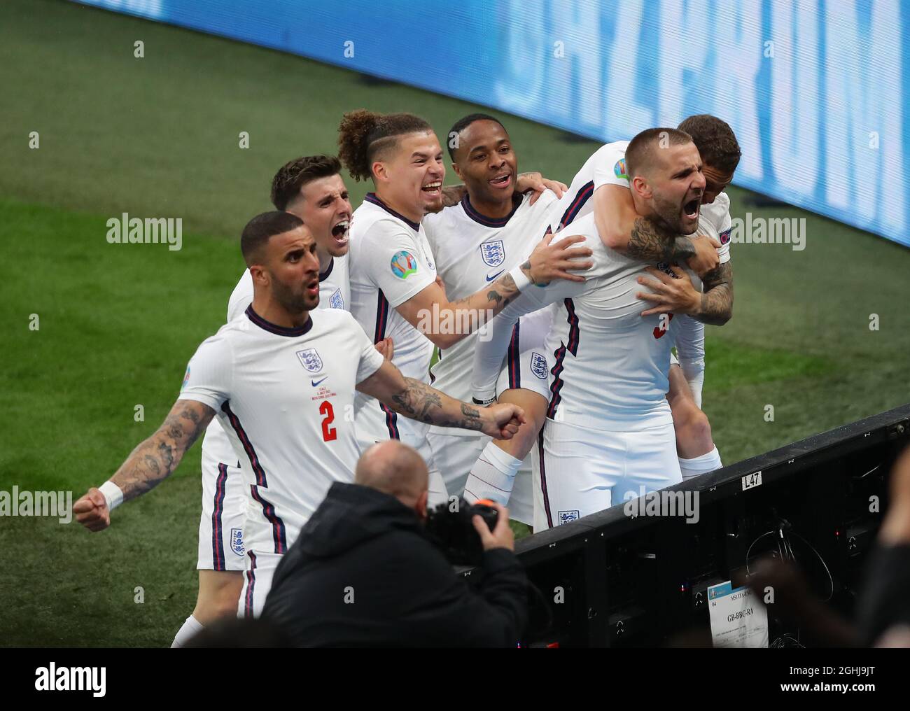 London, England, 11th July 2021. Luke Shaw of England celebrates scoring the first goal during the UEFA Euro 2020 final at Wembley Stadium, London. Picture credit should read: David Klein / Sportimage via PA Images Stock Photo