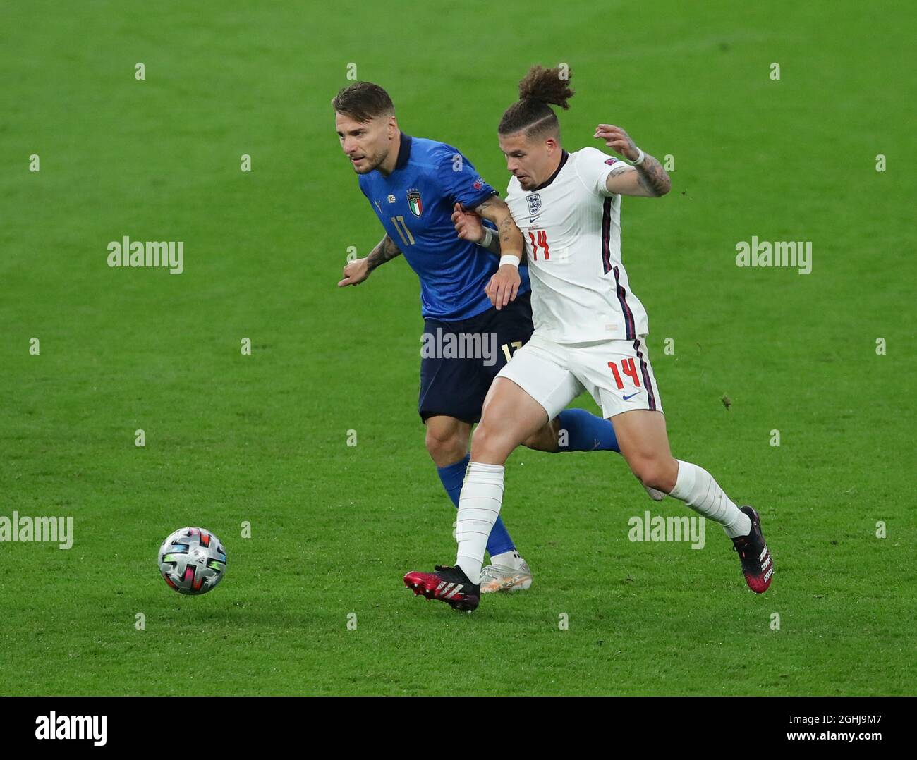London, England, 11th July 2021. Ciro Immobile of Italy tackled by Kalvin Phillips of England  during the UEFA Euro 2020 final at Wembley Stadium, London. Picture credit should read: David Klein / Sportimage via PA Images Stock Photo