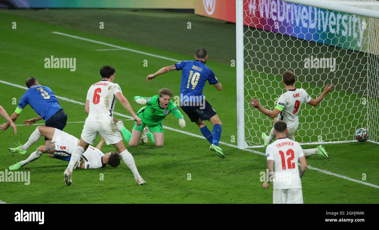 London, England, 11th July 2021. Leonardo Bonucci of Italy scores the equaliser past Jordan Pickford of England  during the UEFA Euro 2020 final at Wembley Stadium, London. Picture credit should read: David Klein / Sportimage via PA Images Stock Photo