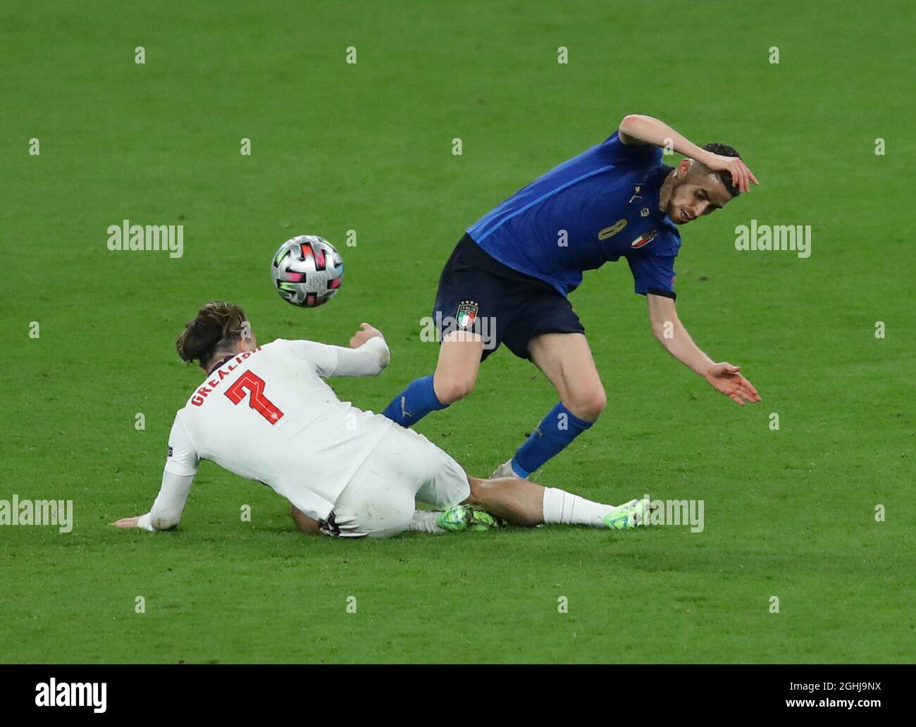 London, England, 11th July 2021. Jorginho of Italy challenges Jack Grealish of England  during the UEFA Euro 2020 final at Wembley Stadium, London. Picture credit should read: David Klein / Sportimage via PA Images Stock Photo