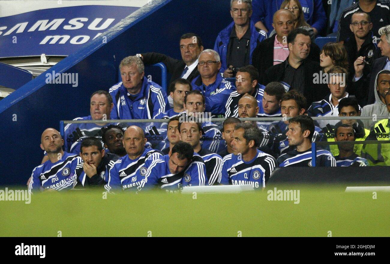 Chelsea's bench including John Terry, Michael Essien, Ashley Cole and Frank Lampard watch proceedings during the Carling Cup match between Chelsea v QPR at Stamford Bridge. Stock Photo