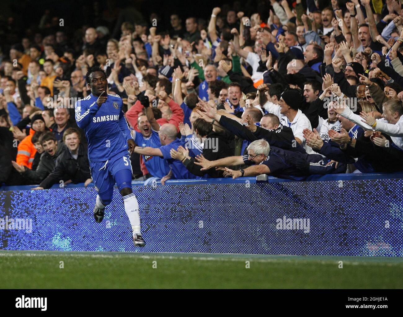 Chelsea's Michael Essien celebrates scoring his sides second goal during Barclays Premier League match between Chelsea and Wolverhampton Wanderers at Stamford Bridge in London. Stock Photo