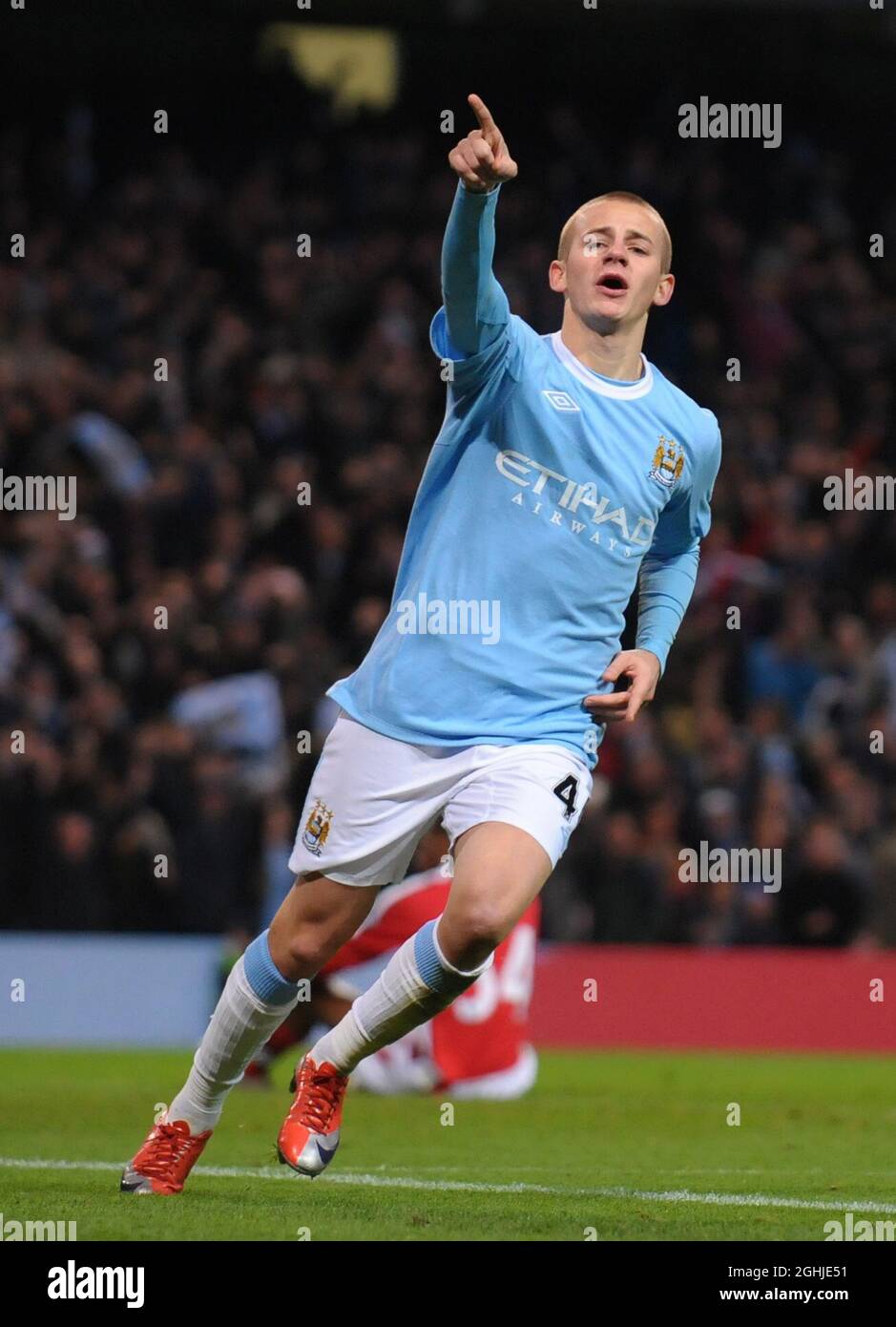 Vladimir Weiss of Manchester City celebrates scoring the third goal during the Carling Cup match between Manchester City v Arsenal at City of Manchester Stadium. Stock Photo