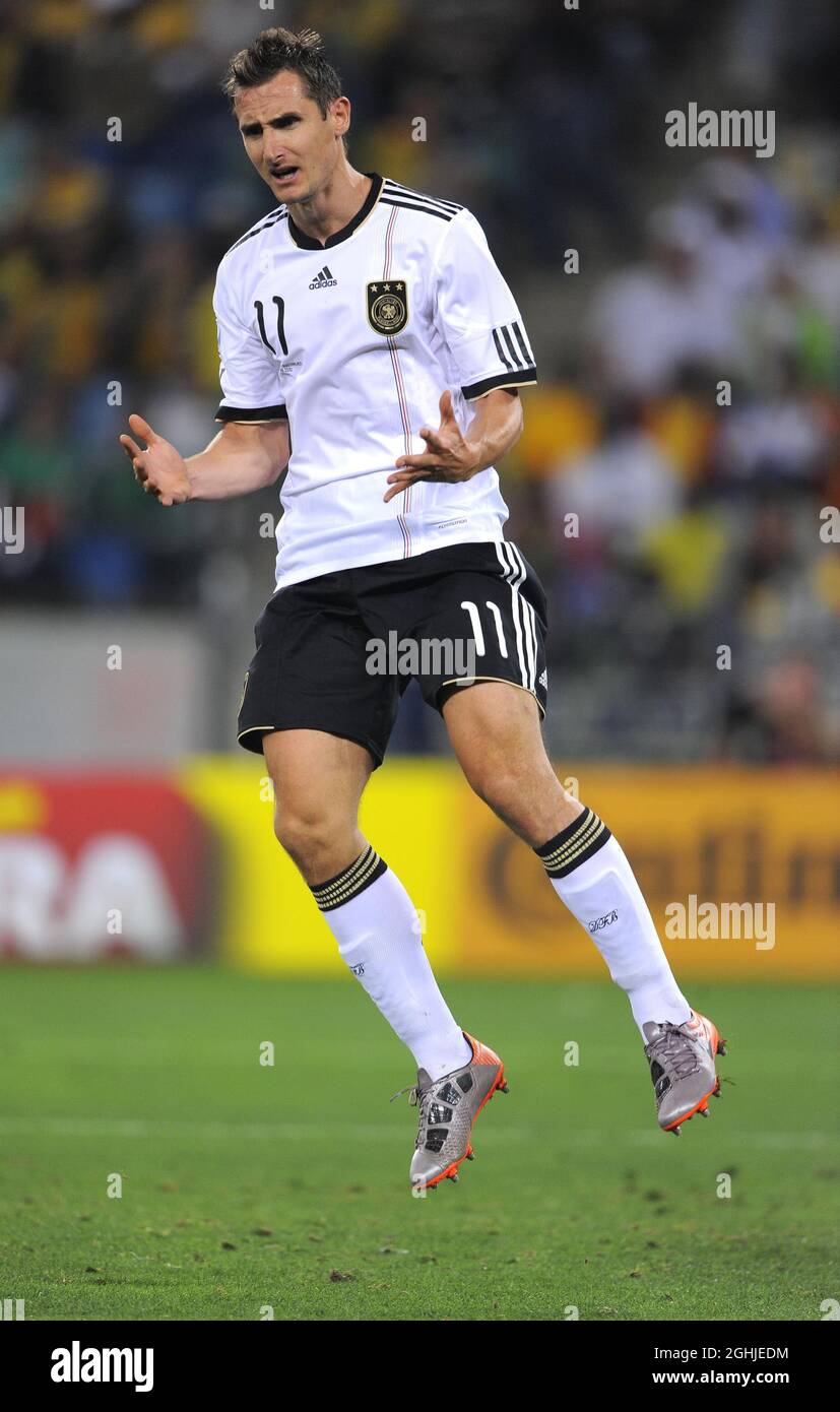 Miroslav Klose of Germany reacts to a missed chance to score during the FIFA World Cup 2010, Group D match between Germany v Australia at Moses Mabhida Stadium in Durban, South Africa. Stock Photo