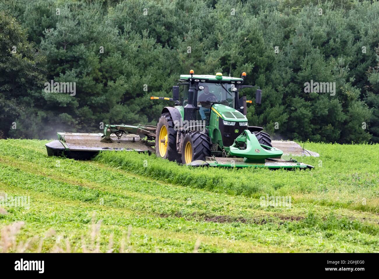 Farmer harvesting alfalfa crop with John Deere tractor equipped with triple mounted mower conditioners Stock Photo