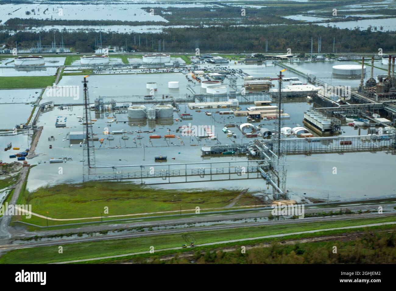 LaPlace, United States of America. 01 September, 2021. Aerial view of the destruction caused by Category 4 Hurricane Ida to an oil refinery along the Mississippi Delta September 1, 2021 near Belle Chasse, Louisiana. Credit: Maj. Grace Geiger/U.S. Army/Alamy Live News Stock Photo