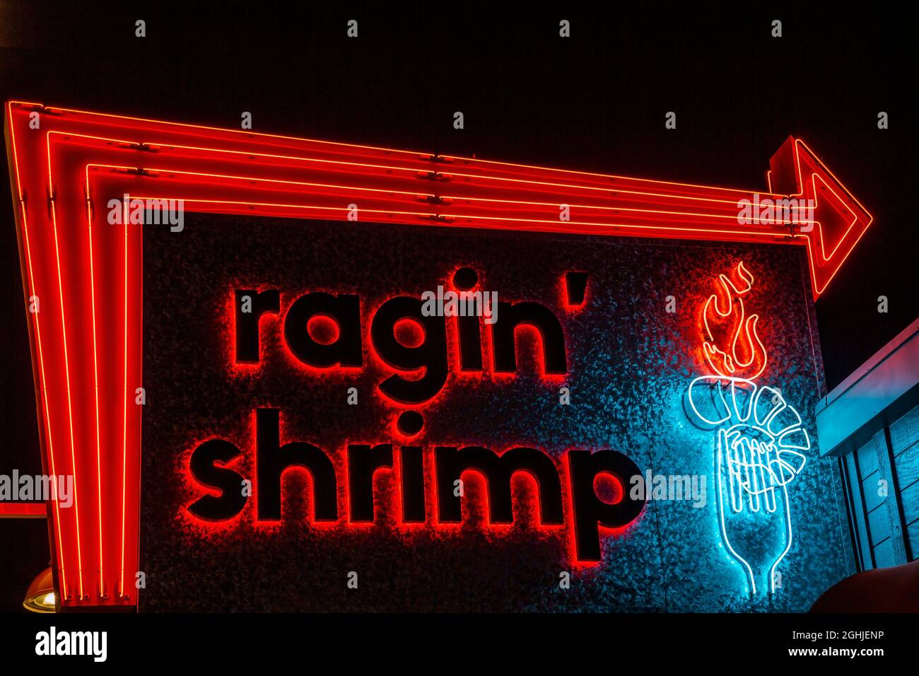 Ragin' Shrimp Restaurant neon sign, Central Avenue (formerly Route 66), Nob Hill, Albuquerque, New Mexico USA Stock Photo