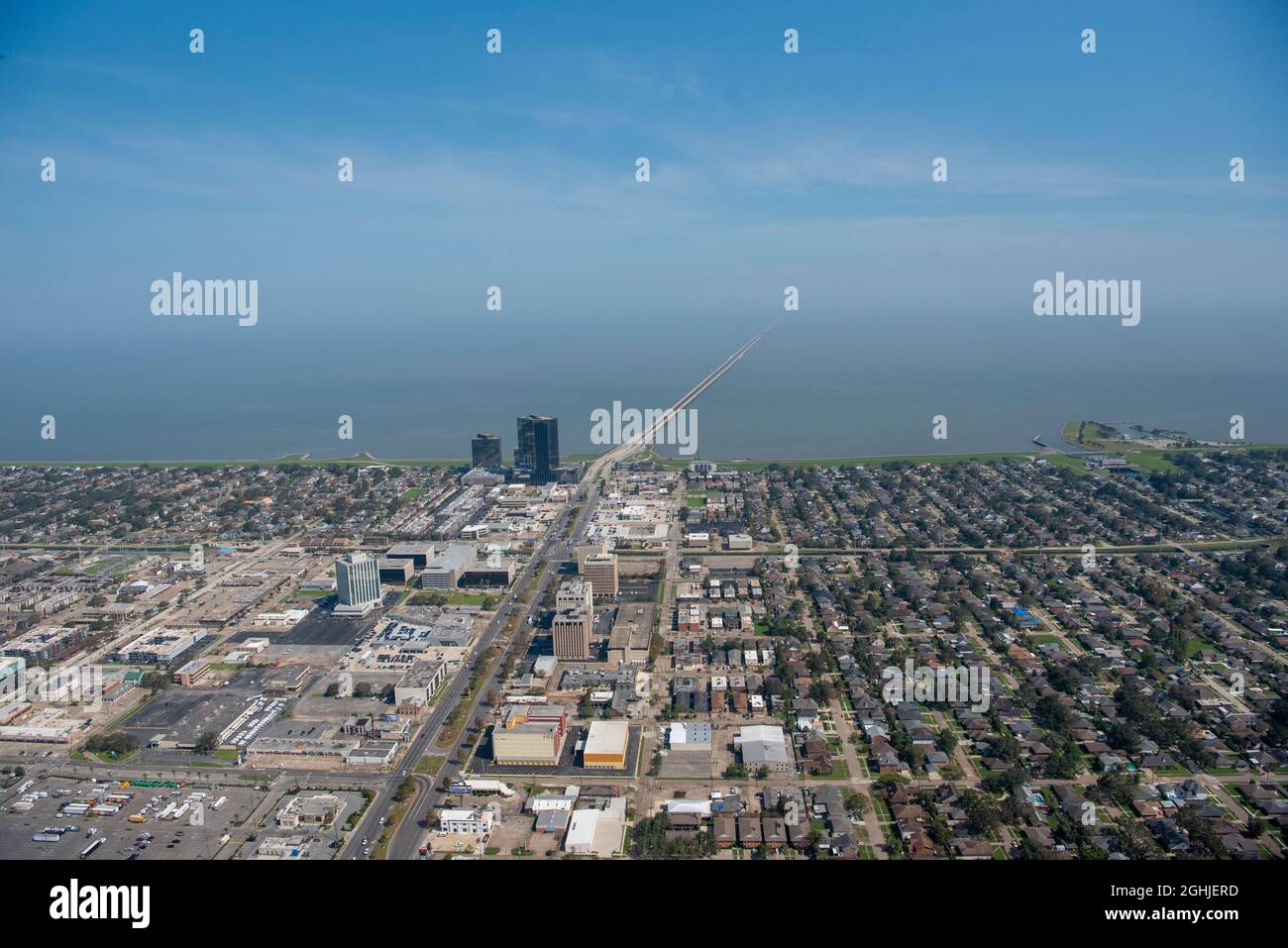 New Orleans, United States of America. 03 September, 2021. Aerial view of the Lake Pontchartrain Causeway in the aftermath of Category 4 Hurricane Ida September 3, 2021 in New Orleans, Louisiana. Credit: PO2 Ryan Dickinson/U.S. Coast Guard/Alamy Live News Stock Photo