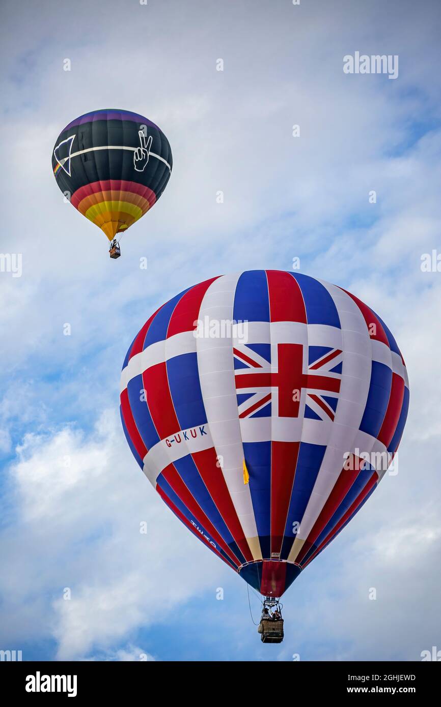 Colorful hot air balloons in the air (Union Jack on right), Albuquerque