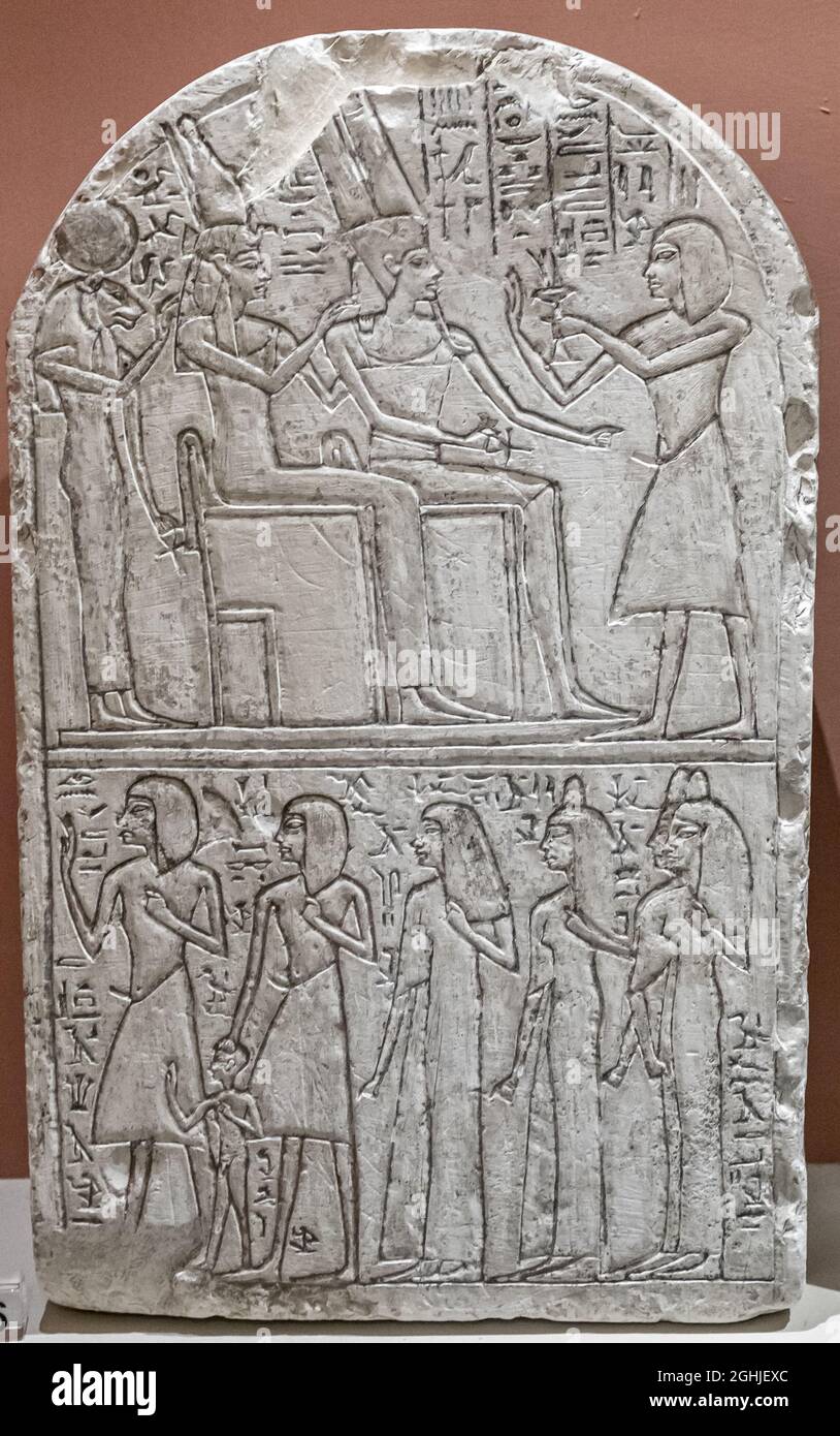 Ancient egyptian tablet depicting offering to the gods Amun-re, Mut and a lioness headed goddess at Kingston Lacy Country House near Wimborne Minster, Stock Photo