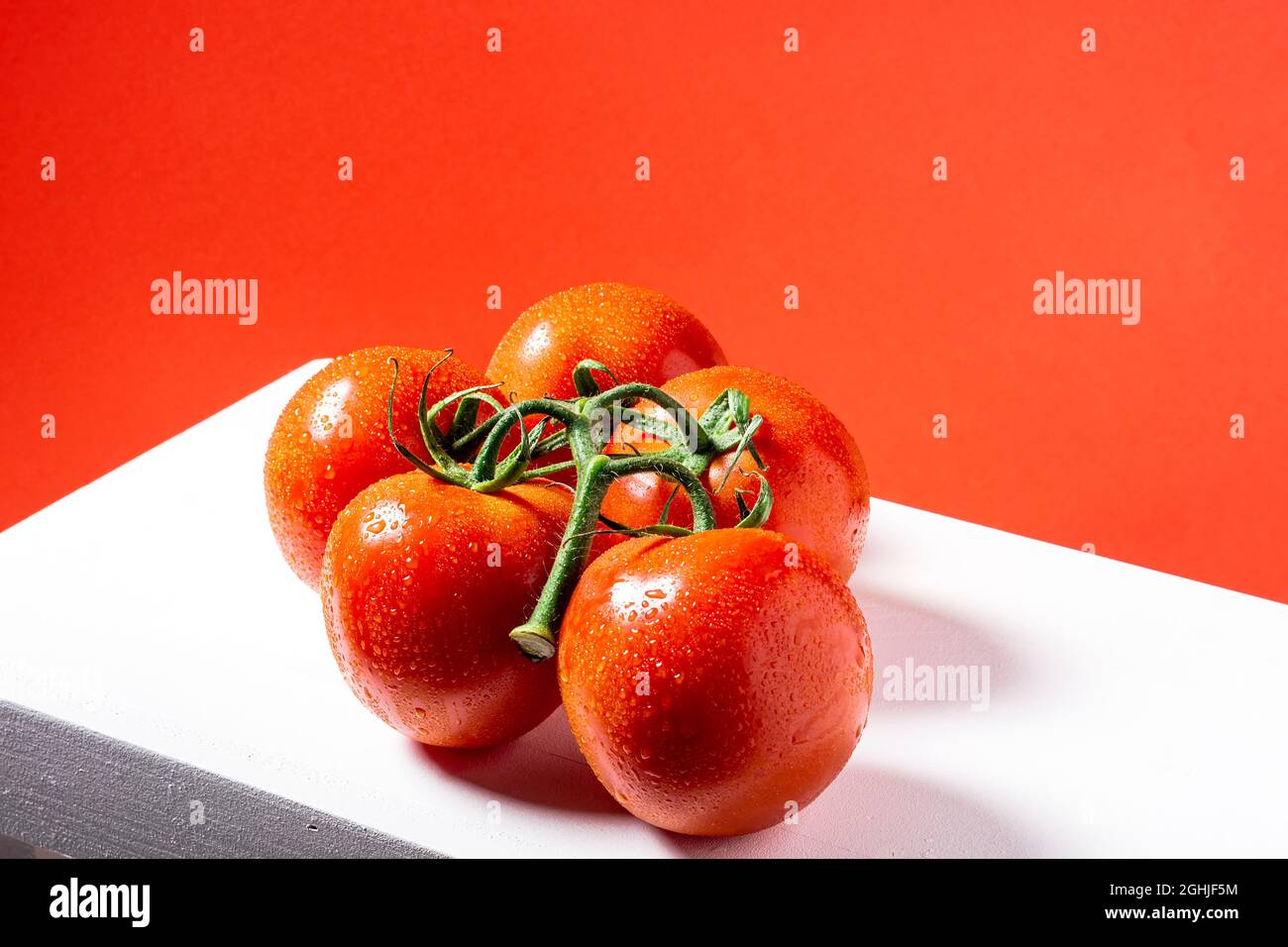 Photo of a bouquet of five wet red natural tomatoes on a white table and a red background.The photograph is taken in horizontal format. Stock Photo