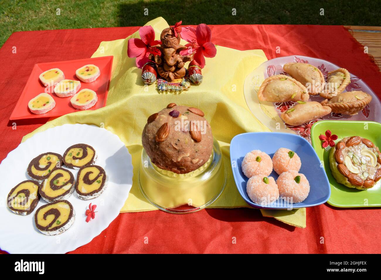 Variety of assorted Indian sweets made for Prashad and offered to lord Ganesha during Festivals like Ganesh chaturthi and Auspicious events Stock Photo