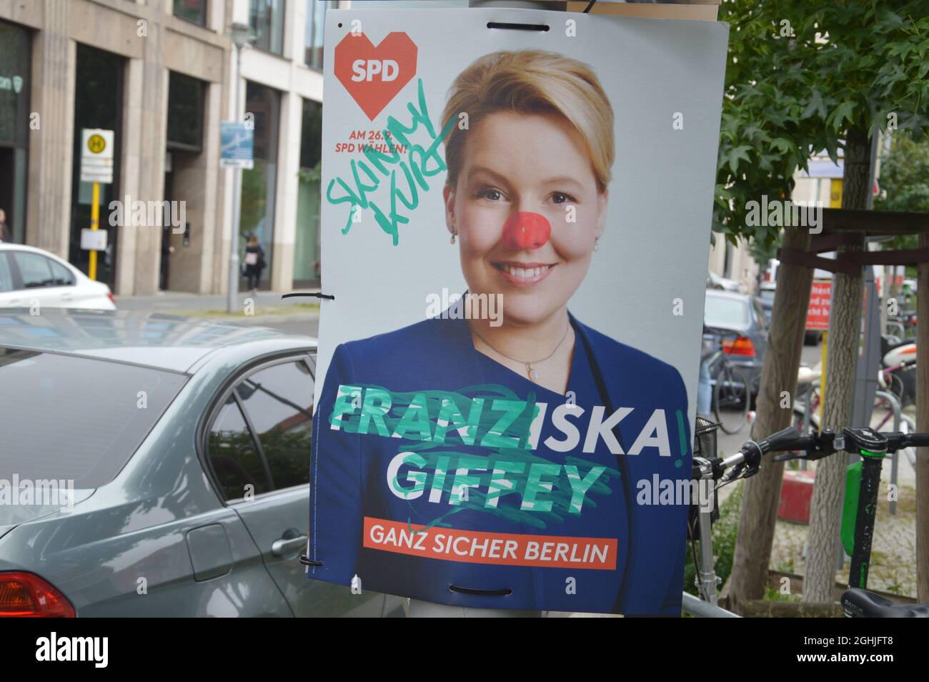 Vandalized election poster of Fraziska Giffey at Vossstrasse in Mitte, Berlin, Germany - September 4, 2021. Stock Photo