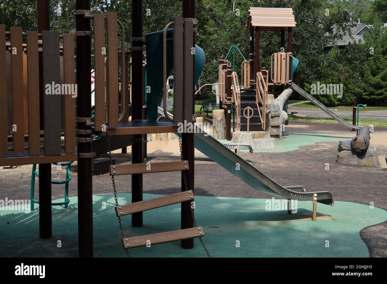 Equipment in a children’s playground in Edmonton, Alberta, Canada Stock