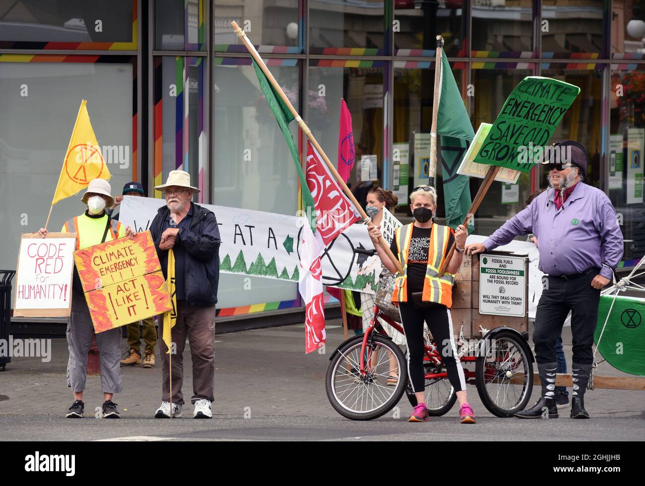 Demonstrators from the Extinction Rebellion organization, protest against old growth logging, fossil fuels and climate change in Victoria, British Col Stock Photo