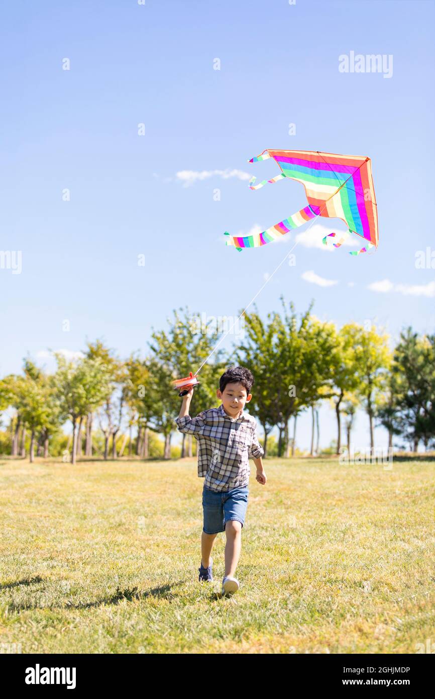 Happy boy running with kite on meadow Stock Photo