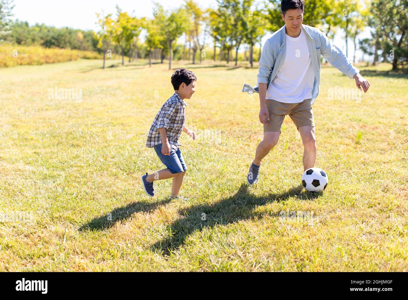 Happy father and son playing football in park Stock Photo - Alamy