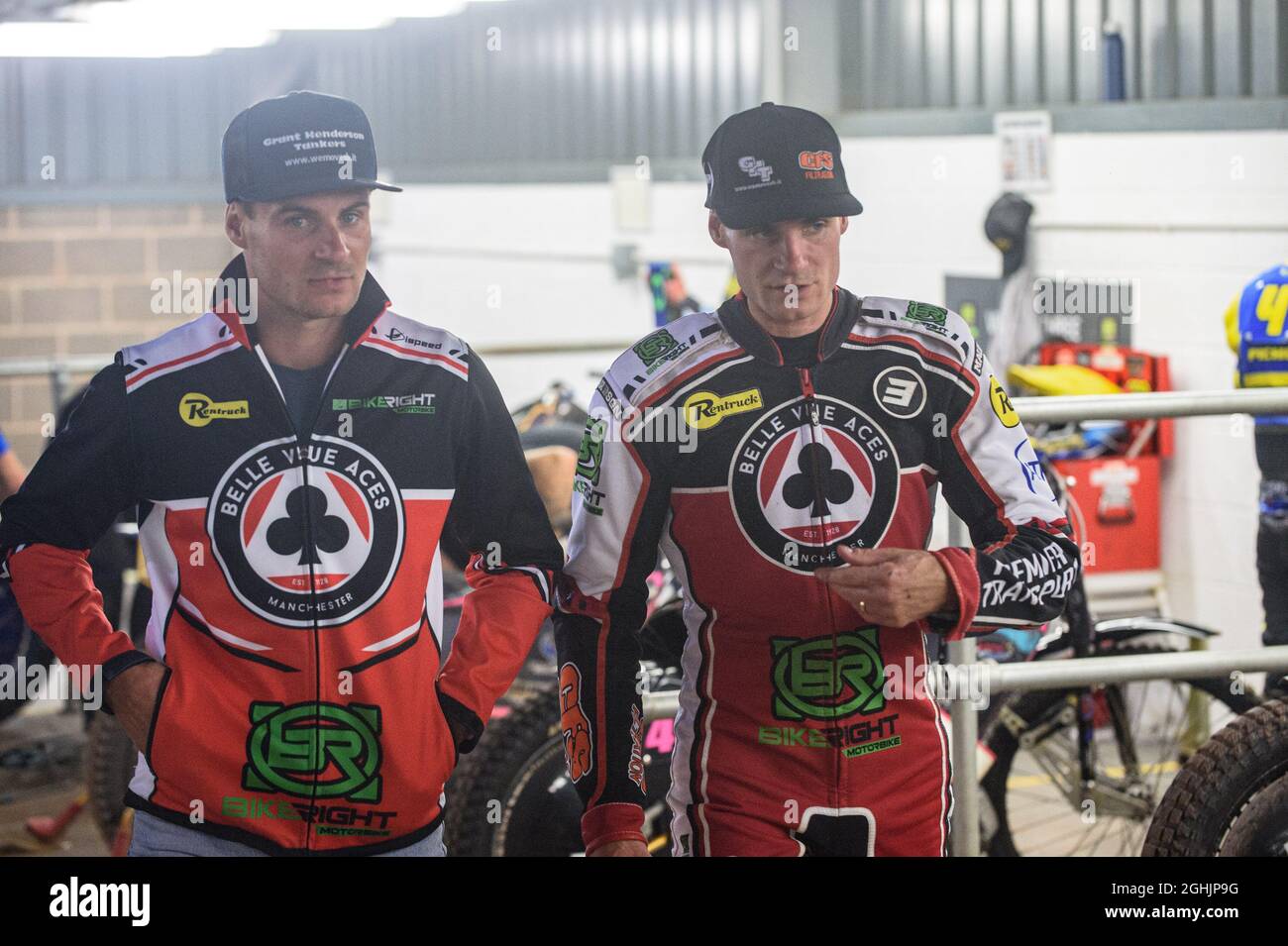MANCHESTER, UK. SEPT 6TH Steve Worrall (right) with twin brother Richie n  during the SGB Premiership match between Belle Vue Aces and Sheffield  Tigers at the National Speedway Stadium, Manchester on Monday