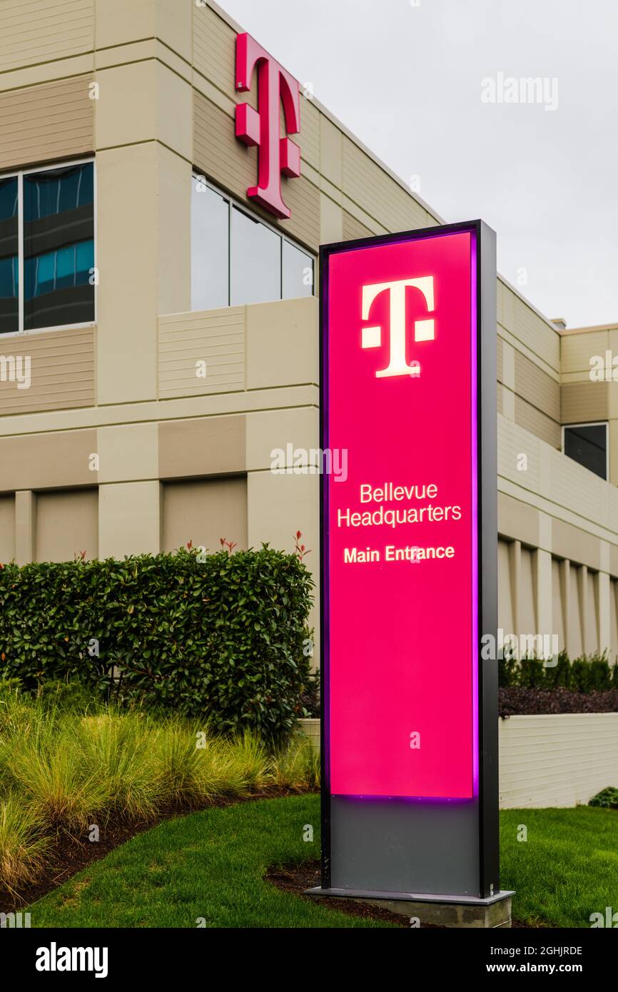 Factoria, WA, USA - September 06, 2021; T Mobile US Inc Corporate Headquarters pink signage at the Factoria Campus in Bellevue, Washington State Stock Photo
