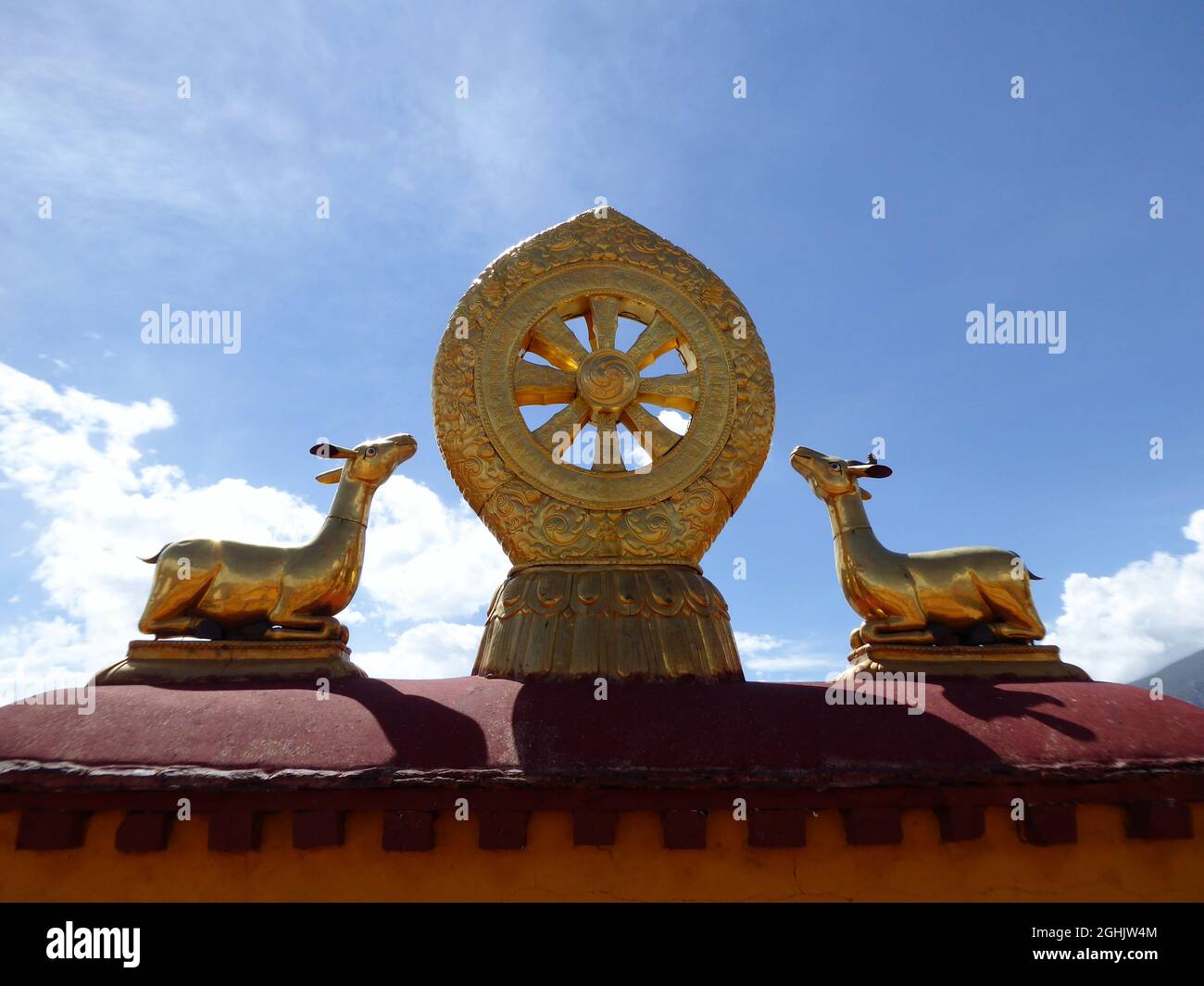 Eight spoked Dharma Wheel On Lotus Flower Flanked By A Pair Of Deer On The Roof Of Jokhang 
