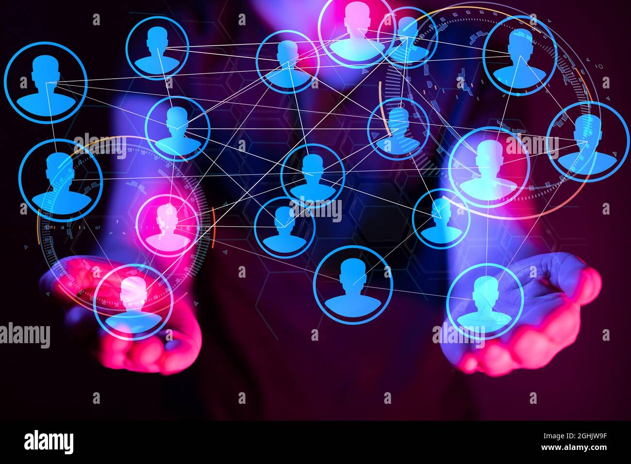 3D rendering of people silhouettes in the network team hovering over a ...