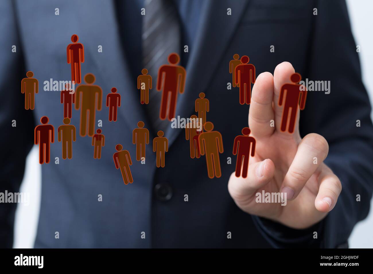 Person touching 3D rendered people silhouettes Stock Photo - Alamy