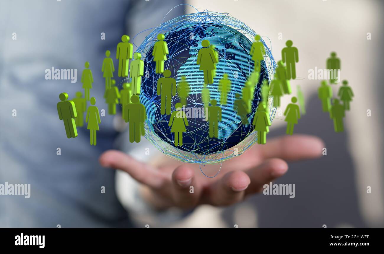 3d rendering of human figures around the globe hovering over man's palm ...