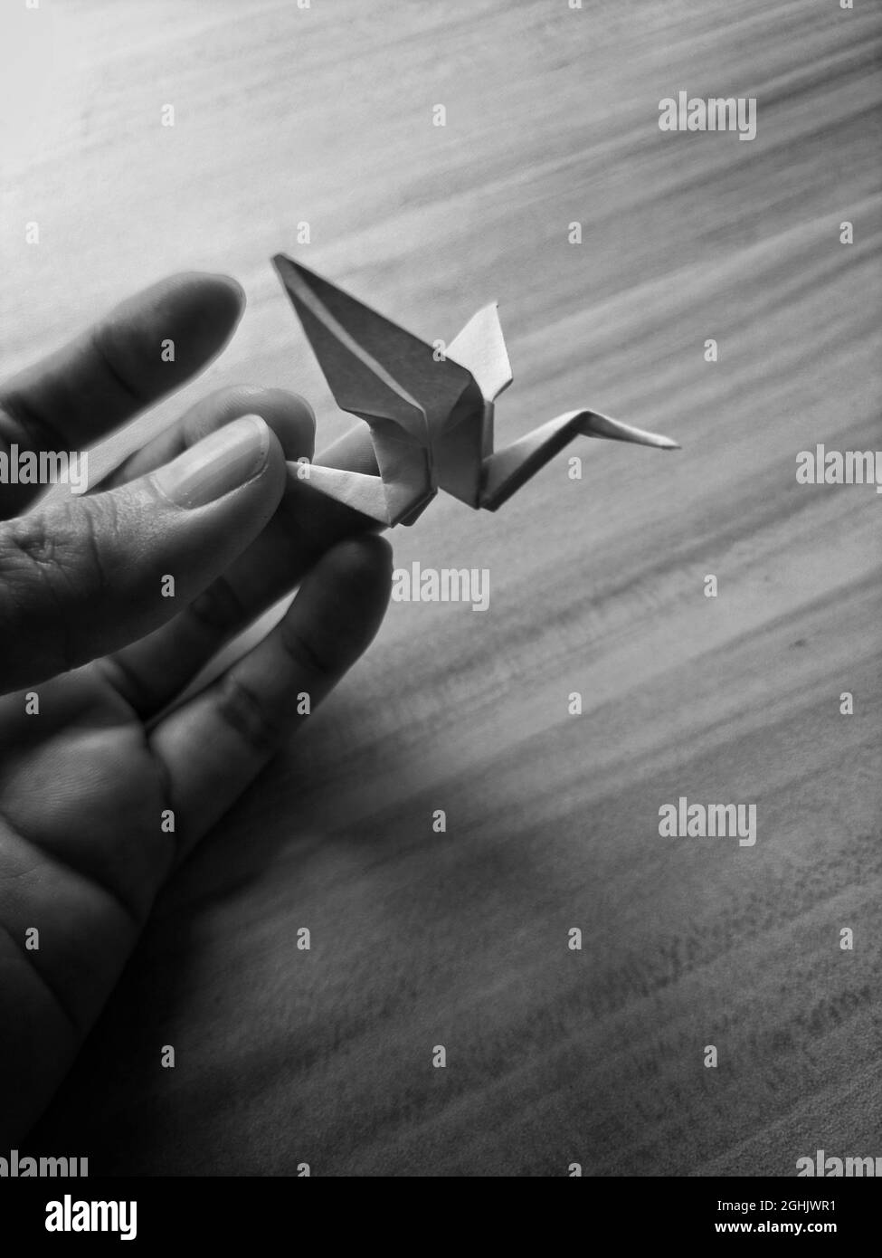 Vertical grayscale shot of a hand holding a paper crane Stock Photo Alamy