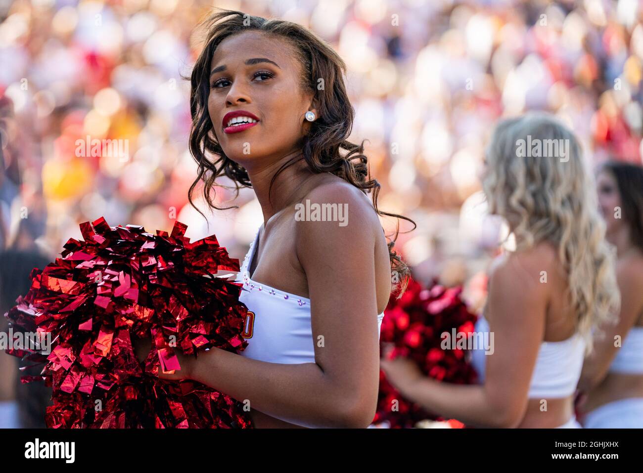 A Maryland Terrapins cheerleader looks on during the NCAA college football game between West Virginia and Maryland on Saturday September 4, 2021 at Capital One Field at Maryland Stadium in College Park, MD. Jacob Kupferman/CSM Stock Photo