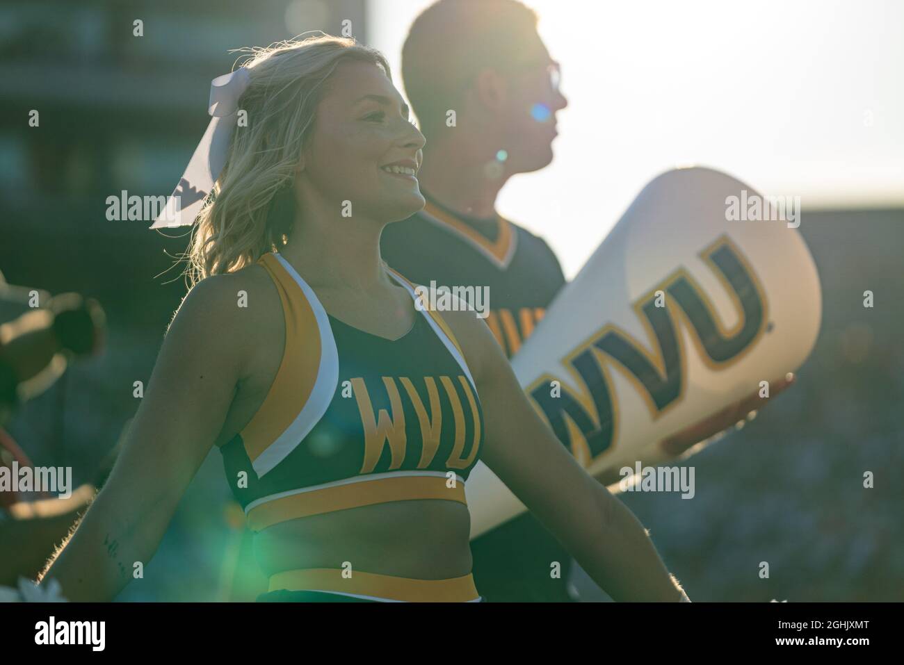 A West Virginia Mountaineers cheerleader performs during the NCAA college football game between West Virginia and Maryland on Saturday September 4, 2021 at Capital One Field at Maryland Stadium in College Park, MD. Jacob Kupferman/CSM Stock Photo