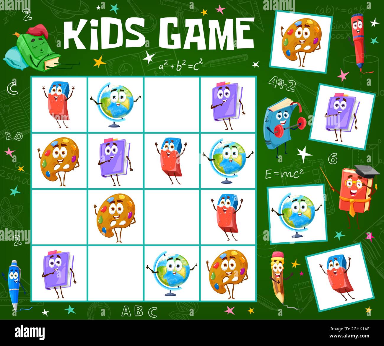 Kids sudoku game worksheet with cartoon school stationery and books ...