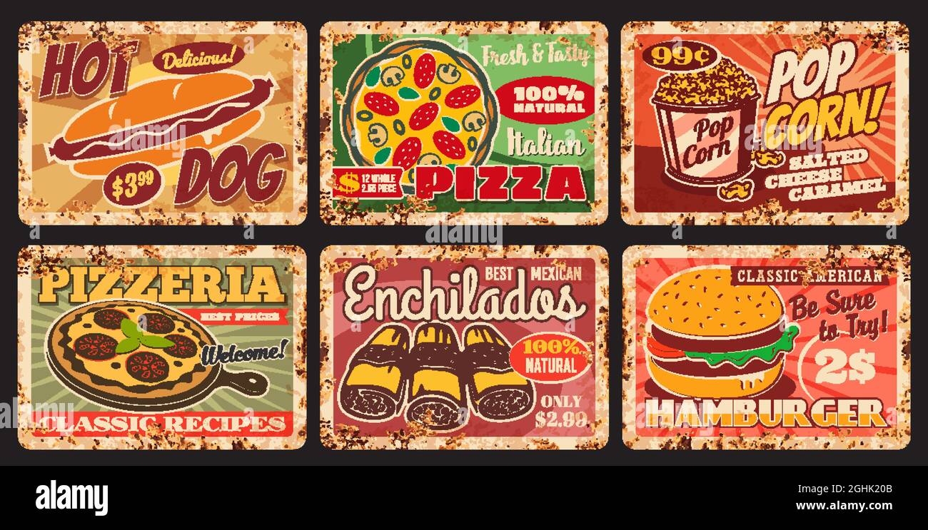 Fast and street food vintage rusty plates. Street restaurant or fast