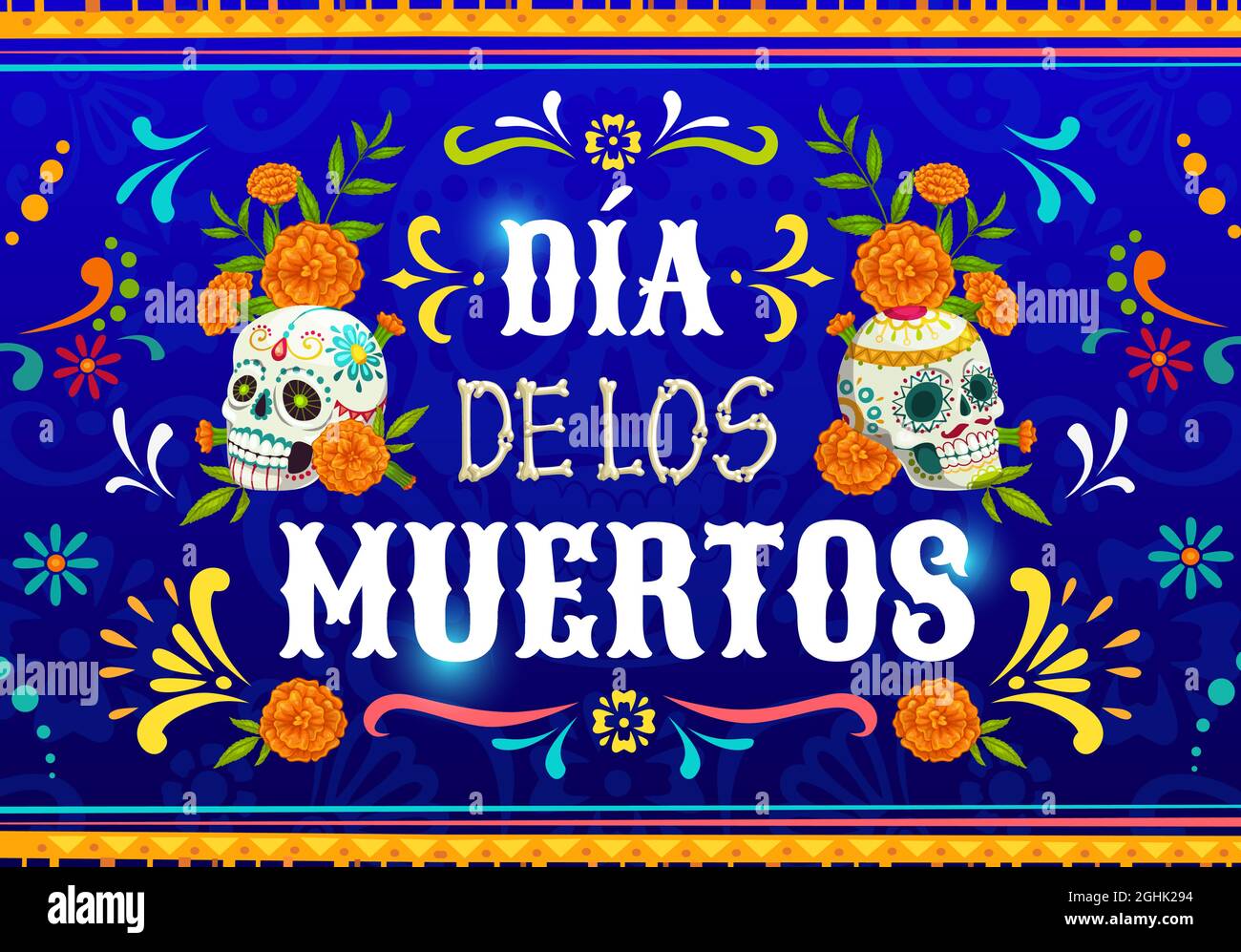 Dia de Los Muertos mexican calavera skulls. Vector poster with marigold flowers and sugar craniums on blue background with traditional floral ornament Stock Vector