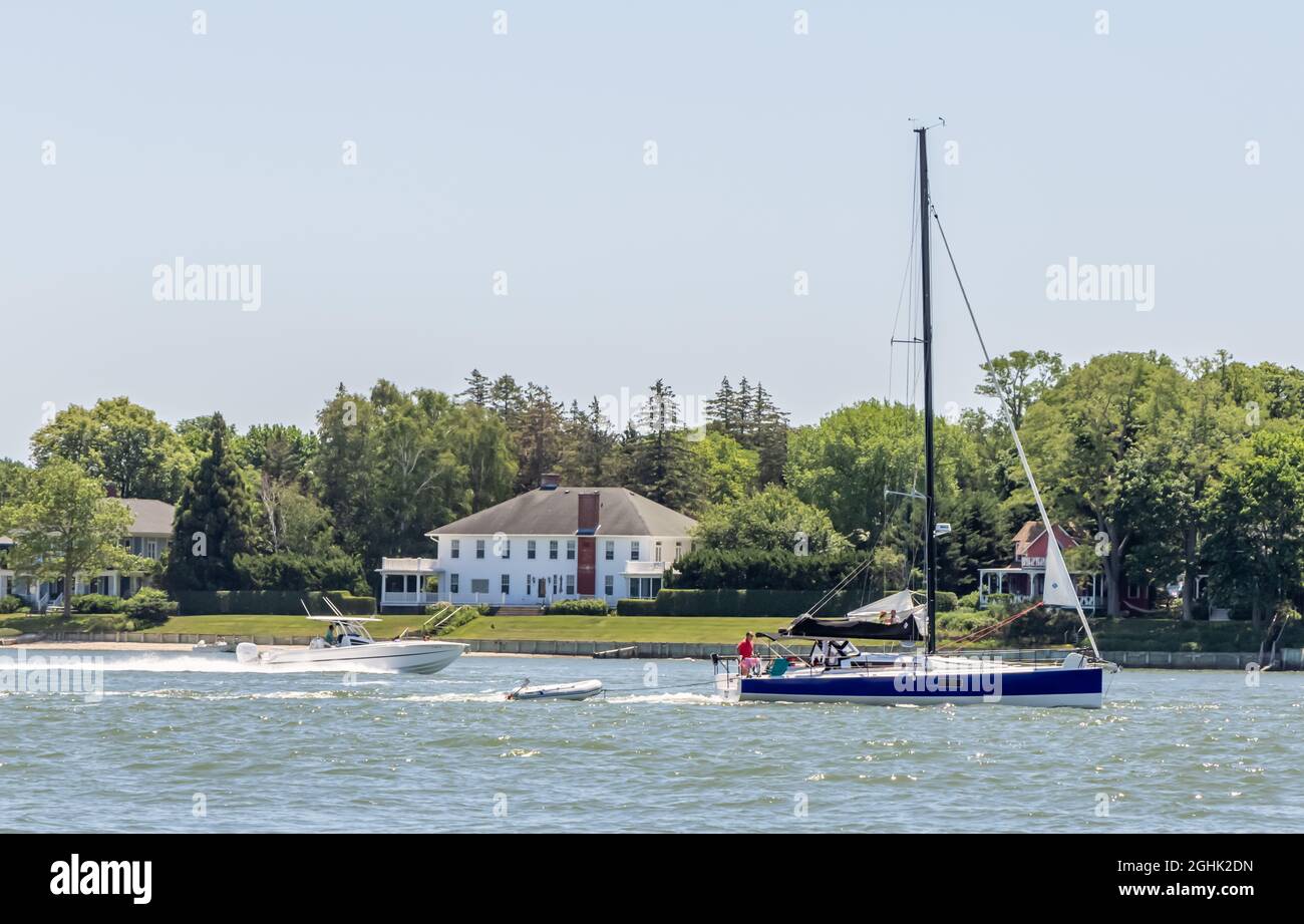 boats in Dering Harbor, Shelter Island Heights, NY Stock Photo