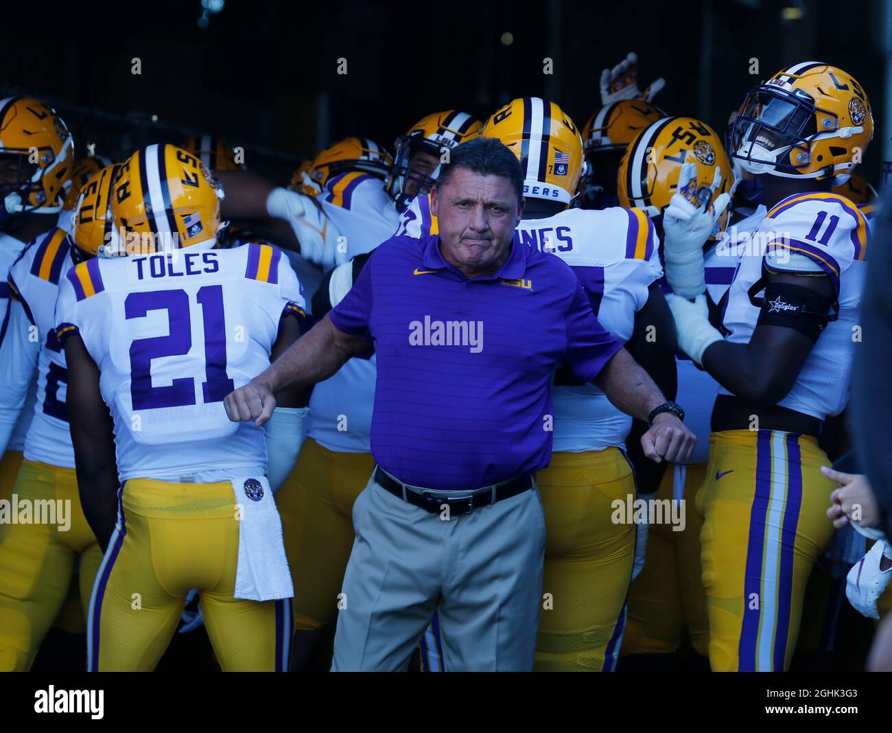 Pasadena, California, USA. 04th Sep, 2021. LSU Tigers head coach Ed Orgeron leads his team onto