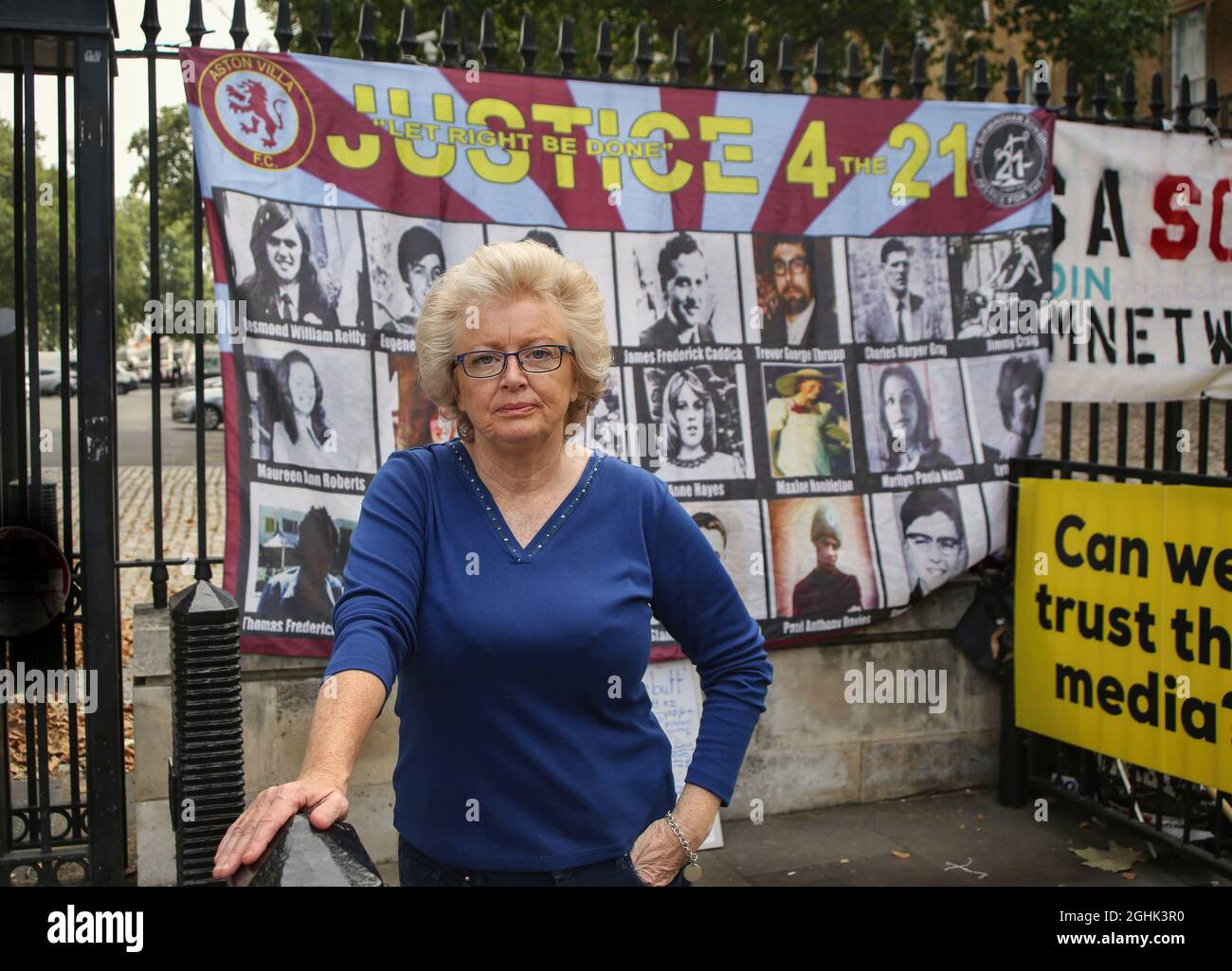 London, UK. 06th Sep, 2021. Julie Hambleton protests opposite the gates to Downing Street. Her organisation Justice for the 21 seek truth, justice and accountability on behalf of those killed in the Birmingham pub bombings in 1974. Mrs Hambleton lost her sister in the bombings. As MP's return to Parliament numerous small protest groups remind the politicians that large range of people are unhappy and there are many pressing issues to deal with this term. (Photo by Martin Pope/ SOPA Images/Sipa USA) Credit: Sipa USA/Alamy Live News Stock Photo
